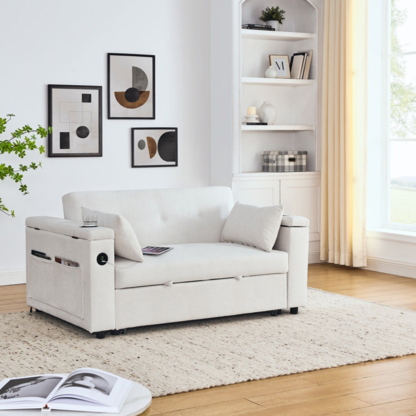 54 Pull-Out Sleeper Sofa Bed Double Seat Recliner Sofa Bed with Armrests with Storage and Side Pockets,with USB Power Outlet