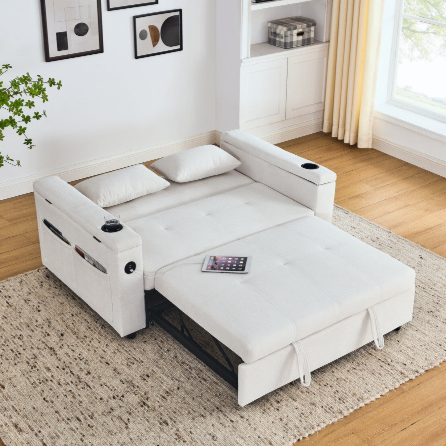 54 Pull-Out Sleeper Sofa Bed Double Seat Recliner Sofa Bed with Armrests with Storage and Side Pockets,with USB Power Outlet