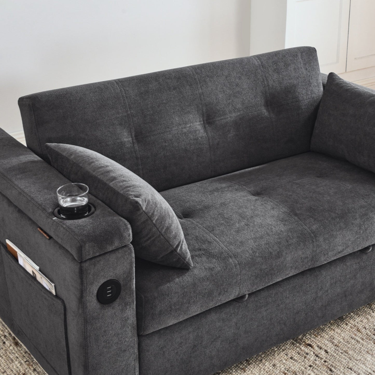 54 Pull-Out Sleeper Sofa Bed Double Seat Recliner Sofa Bed with Armrests with Storage and Side Pockets,with USB Power Outlet
