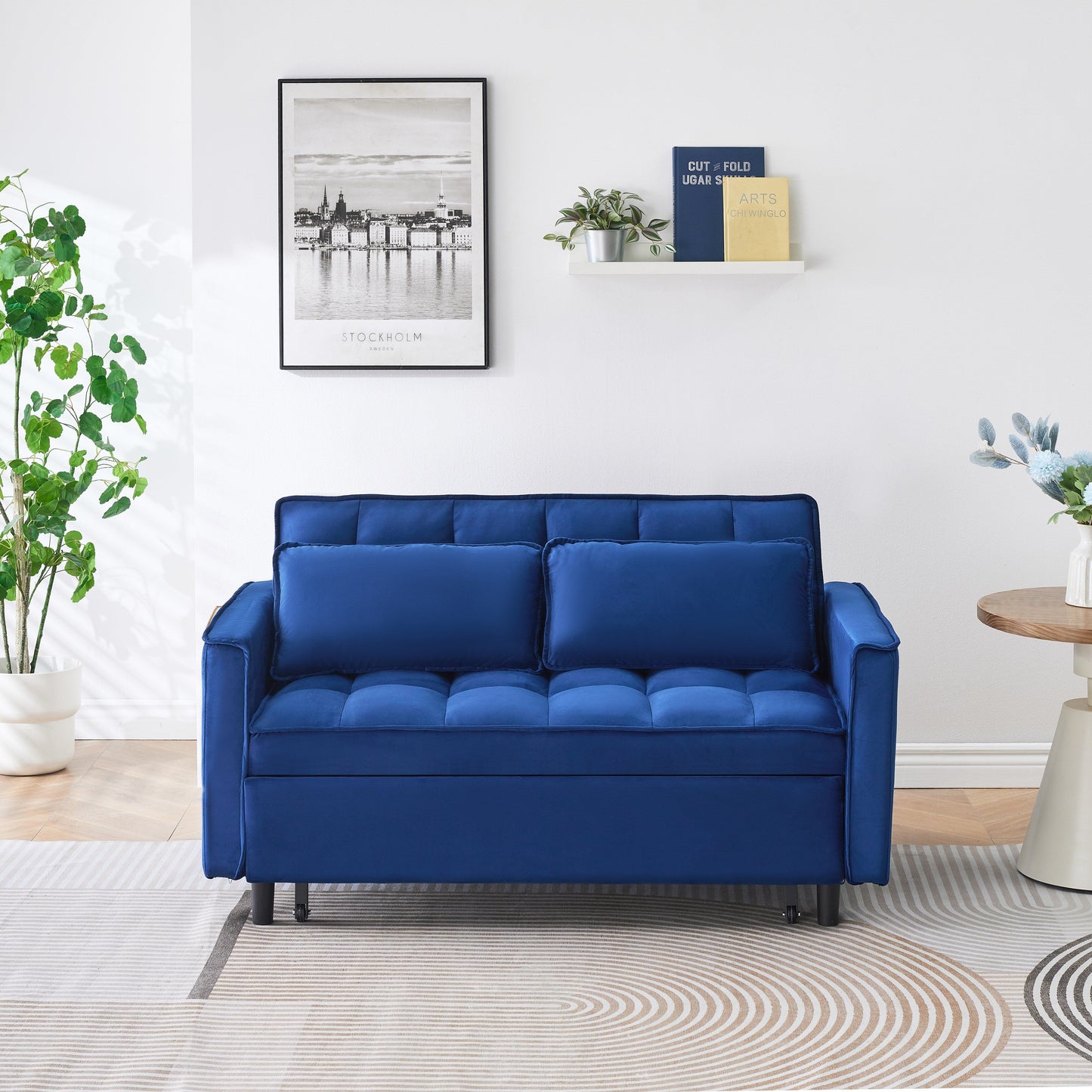 55-inch Blue Velvet Sofa with Pockets 3-in-1 Convertible