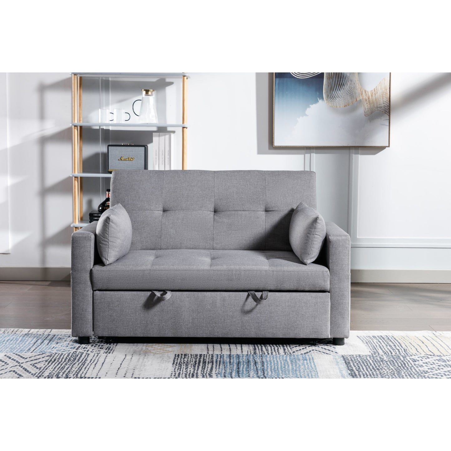 55.12 3-in-1 Linen Loveseat Convertible Sofa Bed with Side Pocket and Pillows for Living Room