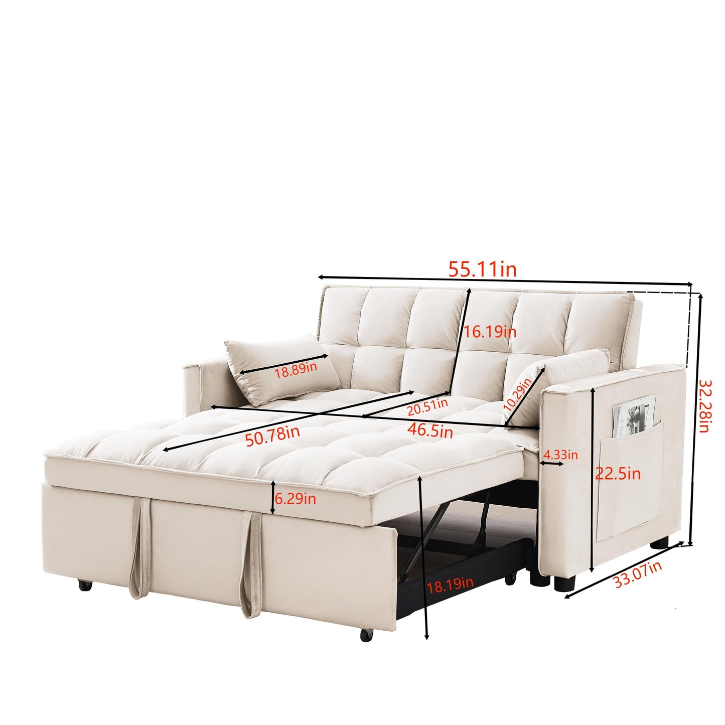 55.2 Velvet 2-in-1 Convertible Sofa Bed with Adjustable Backrest