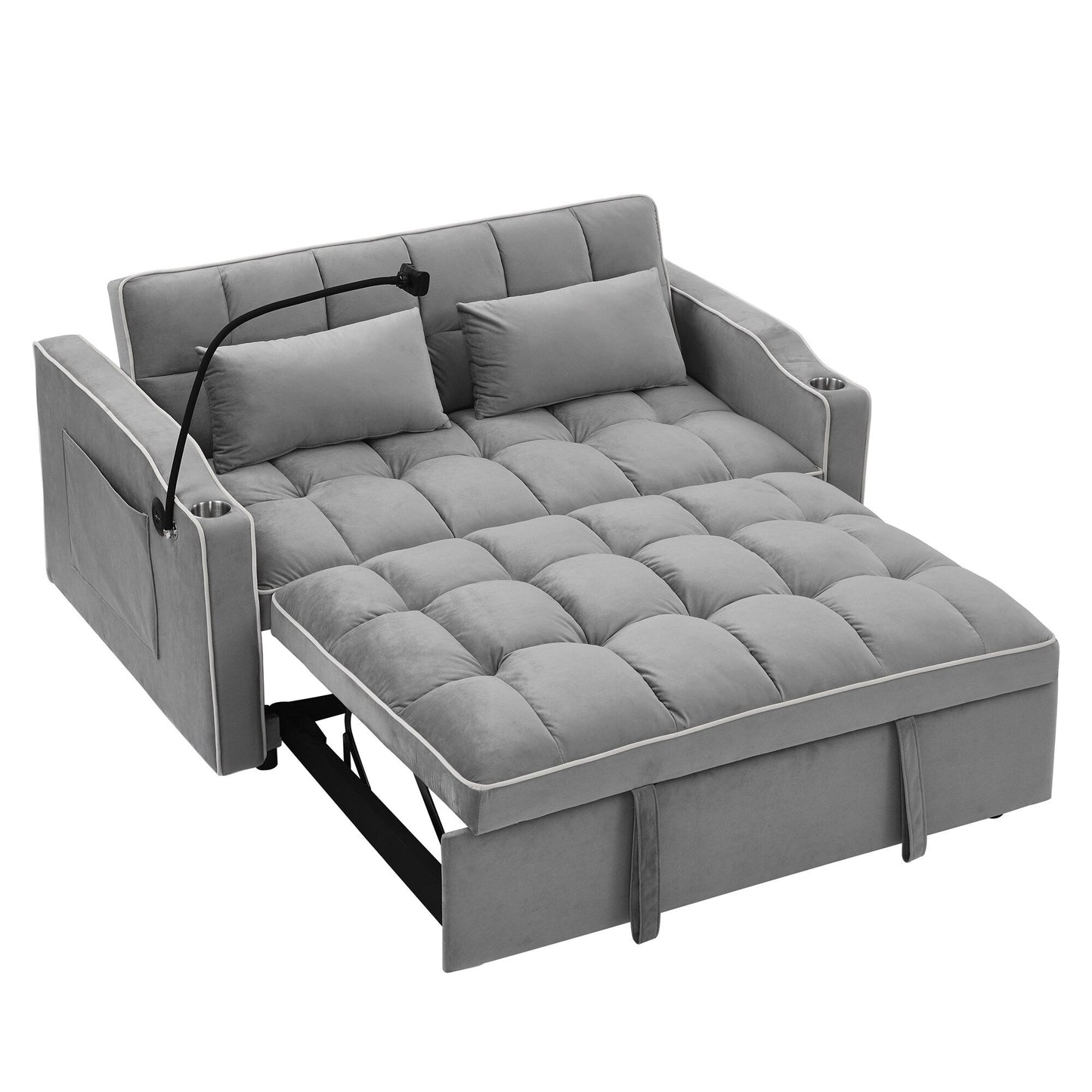 55.5Solid Wood 2-Seat Sofa with USB Charging Ports and Phone Stand,Includes 2 Soft Pillows