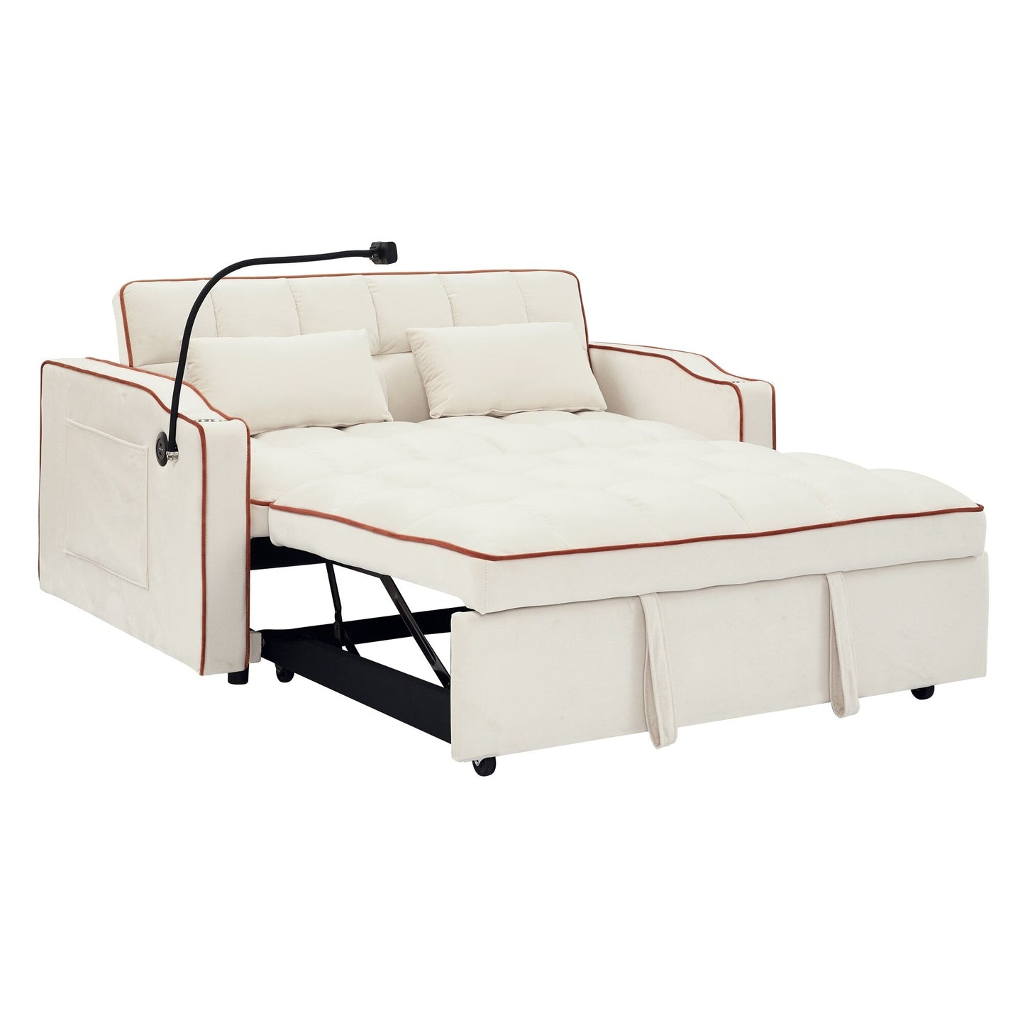 55.5Solid Wood 2-Seat Sofa with USB Charging Ports and Phone Stand,Includes 2 Soft Pillows