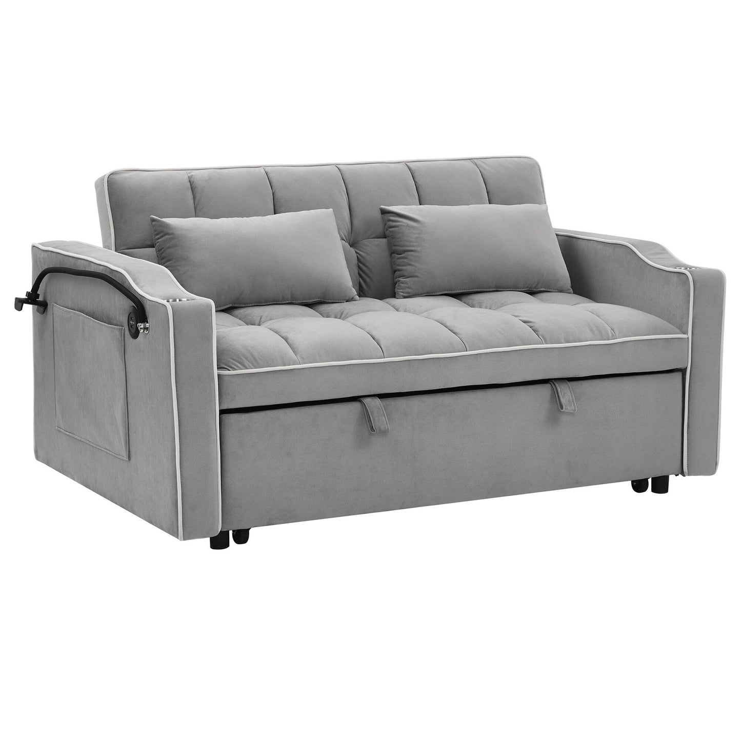 55.5Solid Wood 2-Seat Sofa with USB Charging Ports and Phone Stand,Includes 2 Soft Pillows