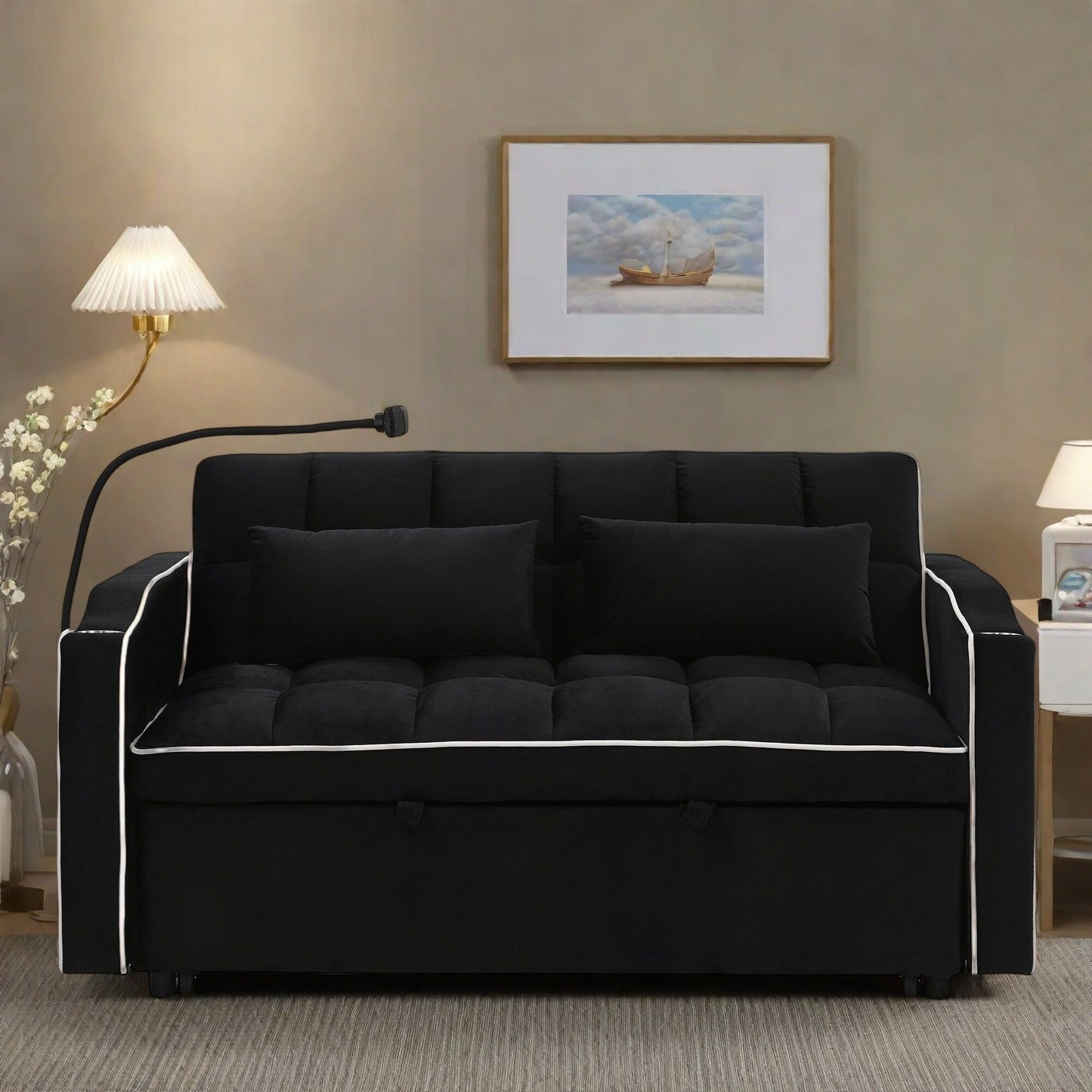 55.5Solid Wood 2-Seat Sofa with USB Charging Ports and Phone Stand,Includes 2 Soft Pillows