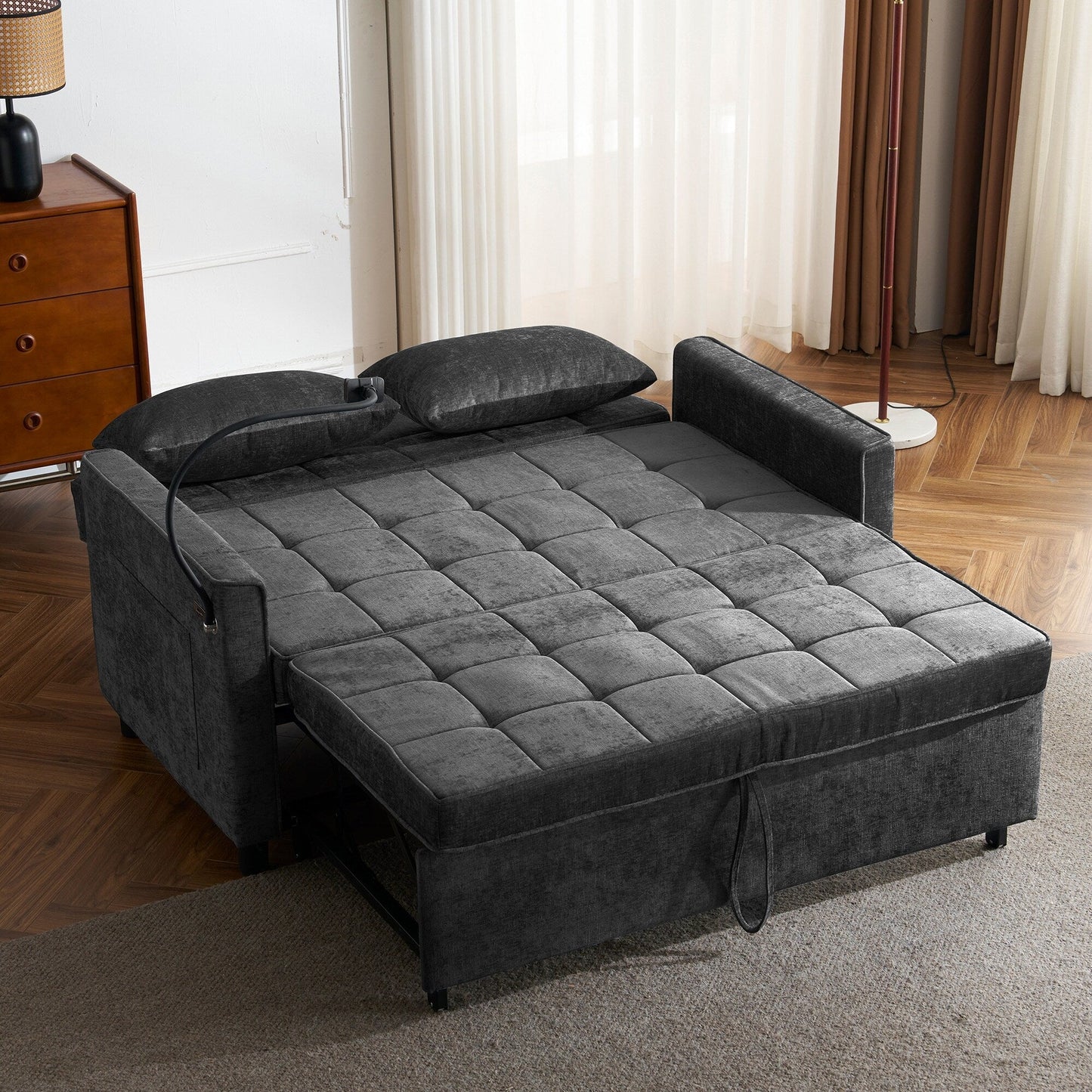 56.9 W Chenille Sleeper Sofa with USB Ports Pull-out Sofa Bed
