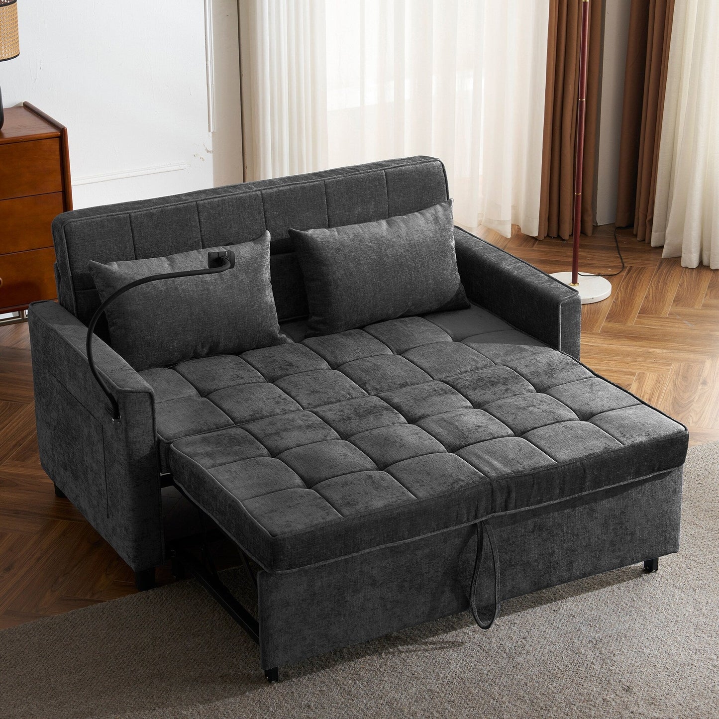 56.9 W Chenille Sleeper Sofa with USB Ports Pull-out Sofa Bed