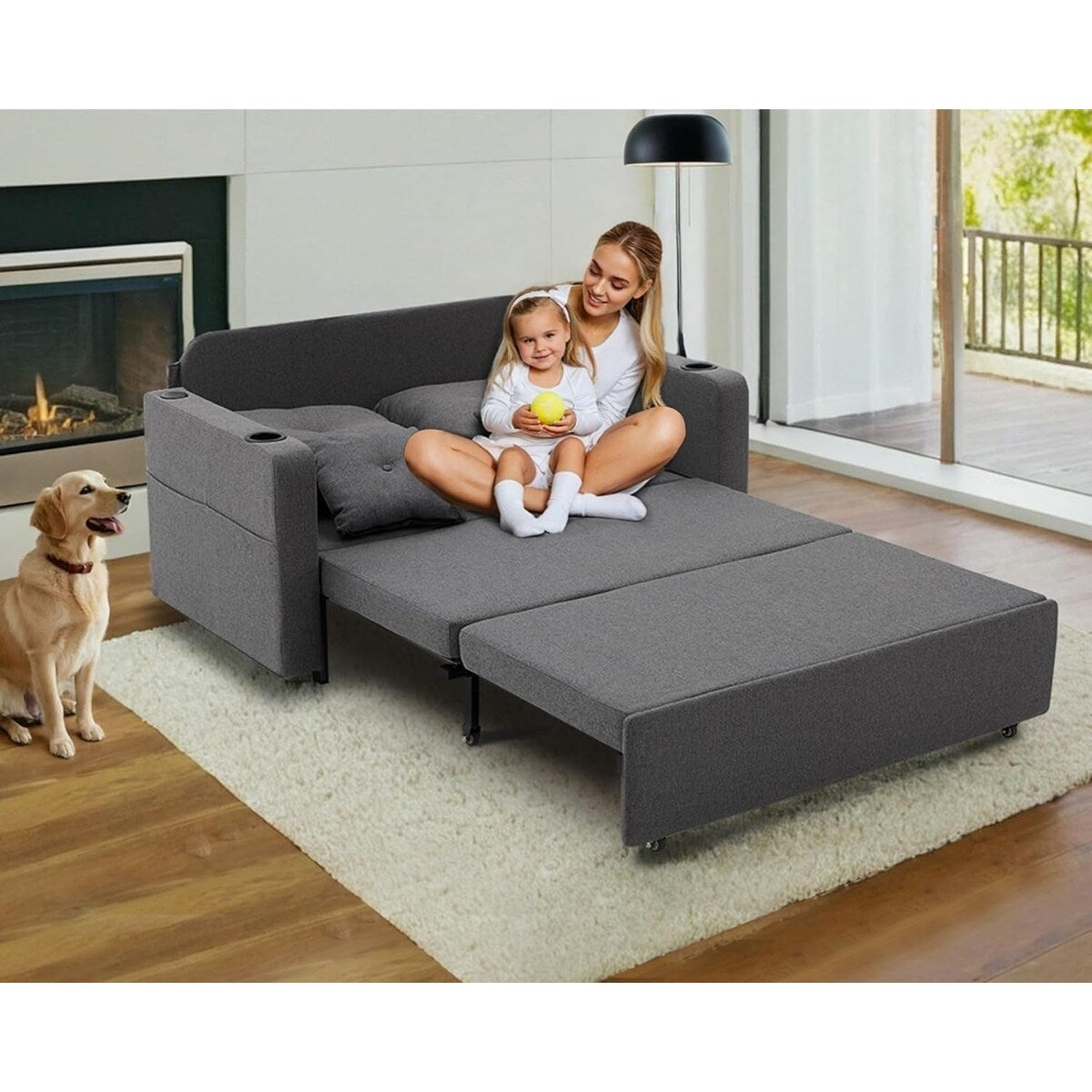 56 3-in-1 Convertible Sofa Bed - Pull Out Sleeper Loveseat with Cup Holders & USB Ports, Dark Grey Couch for Living Room