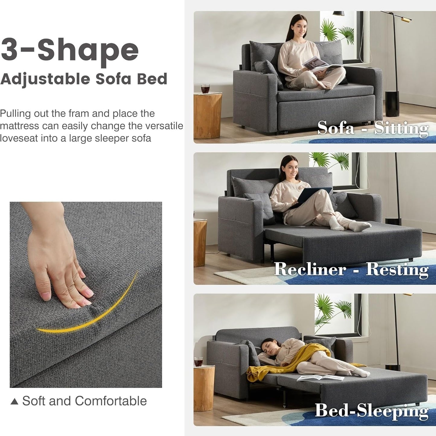56 3-in-1 Convertible Sofa Bed - Pull Out Sleeper Loveseat with Cup Holders & USB Ports, Dark Grey Couch for Living Room