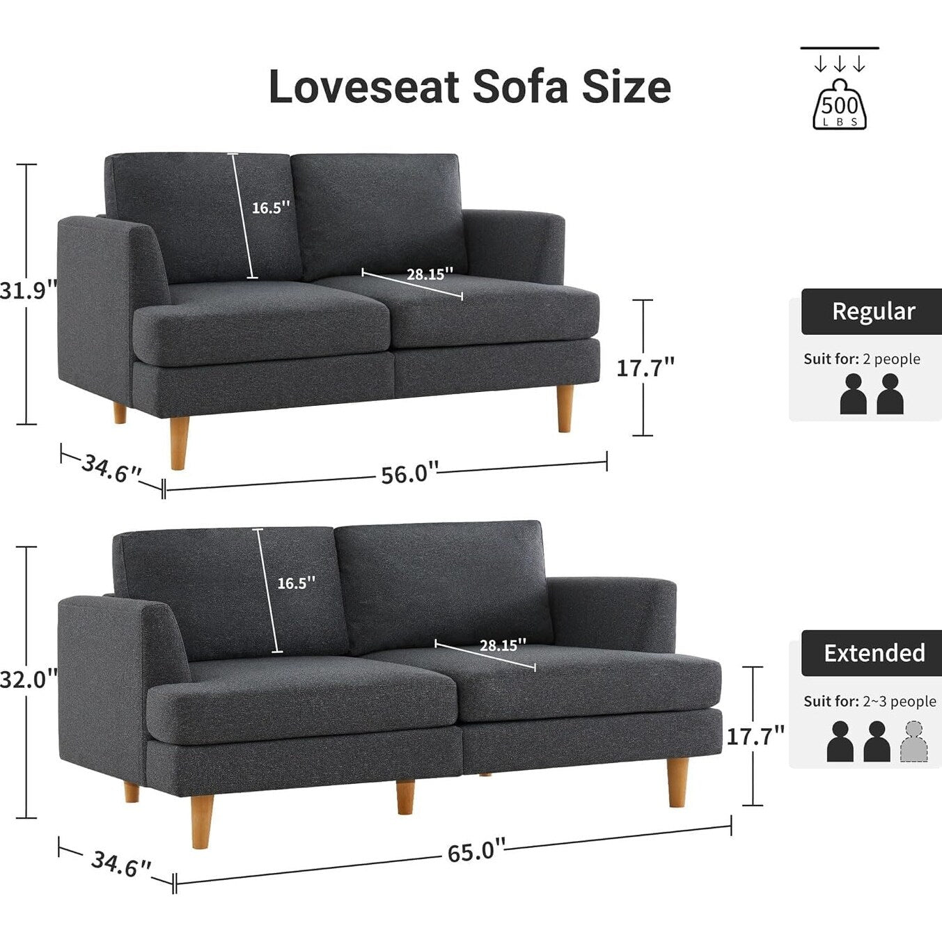 56 Mid Century Loveseat Sofa - Upholstered 2-Seater Small Couch for Living Room, Bedroom & Apartment, Space Saving Design