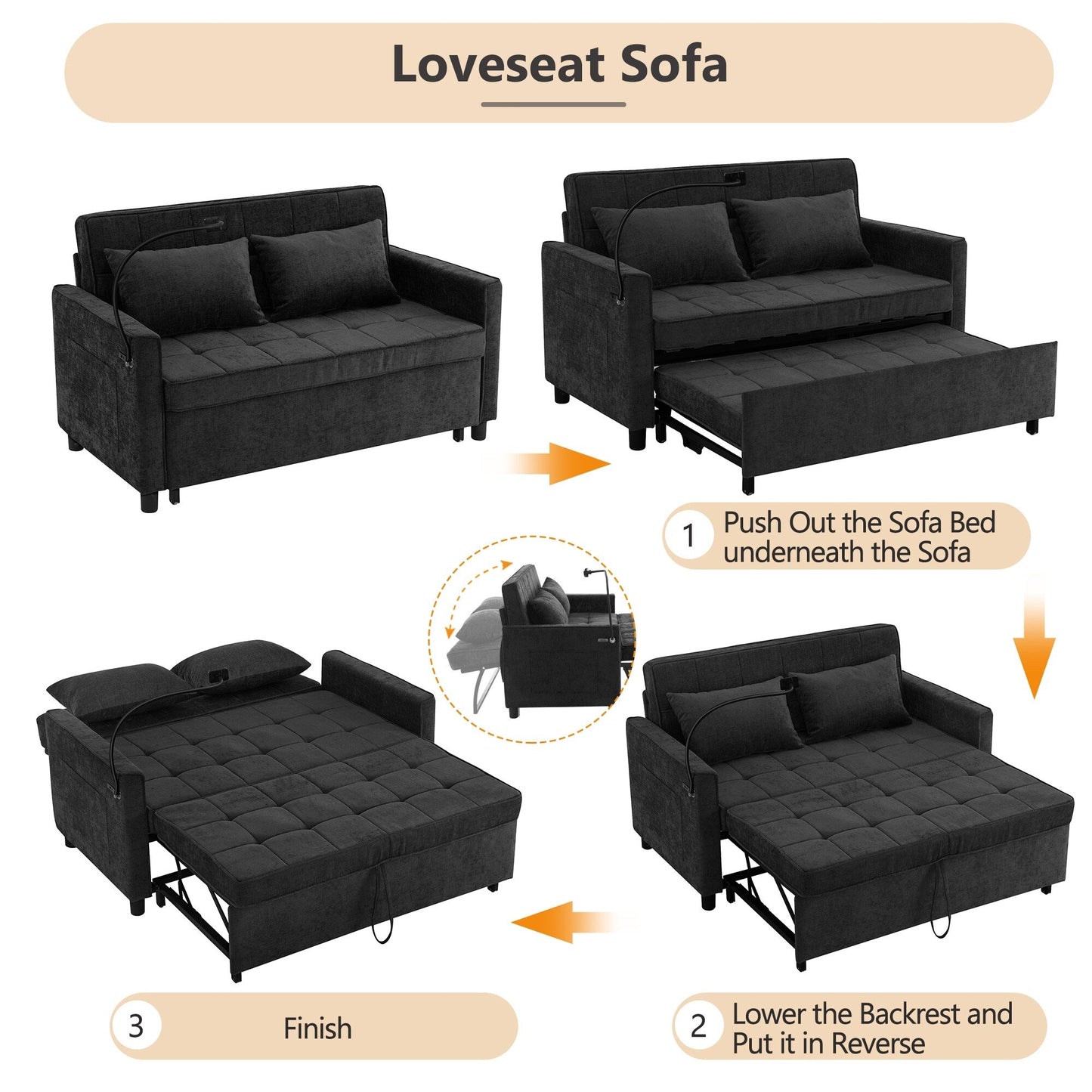 57 Convertible Sleeper Loveseat - Space-Saving Sofa Bed with USB Charging Hub, Reversible Backrest & Smart Storage Solutions
