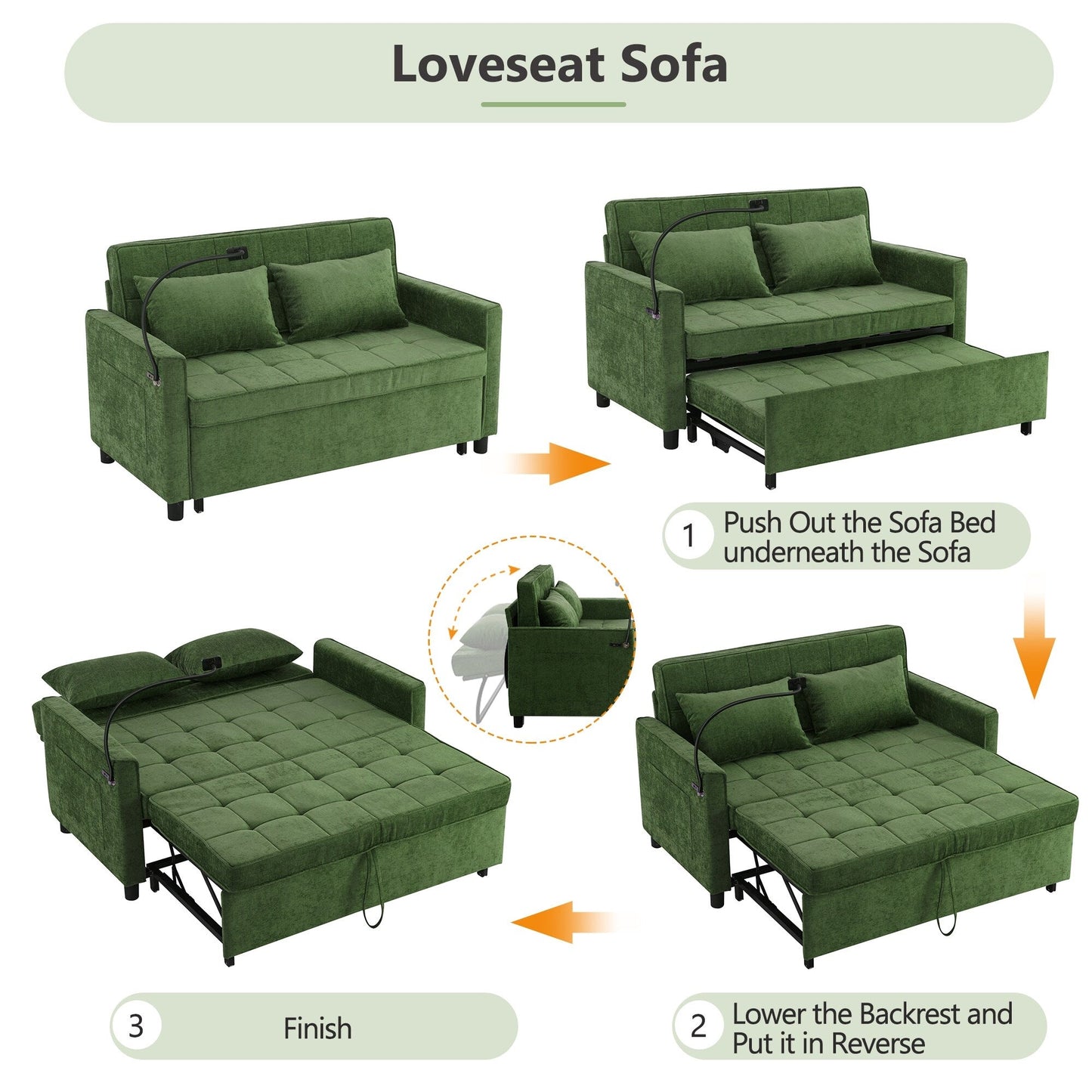 57 Convertible Sleeper Loveseat - Space-Saving Sofa Bed with USB Charging Hub, Reversible Backrest & Smart Storage Solutions
