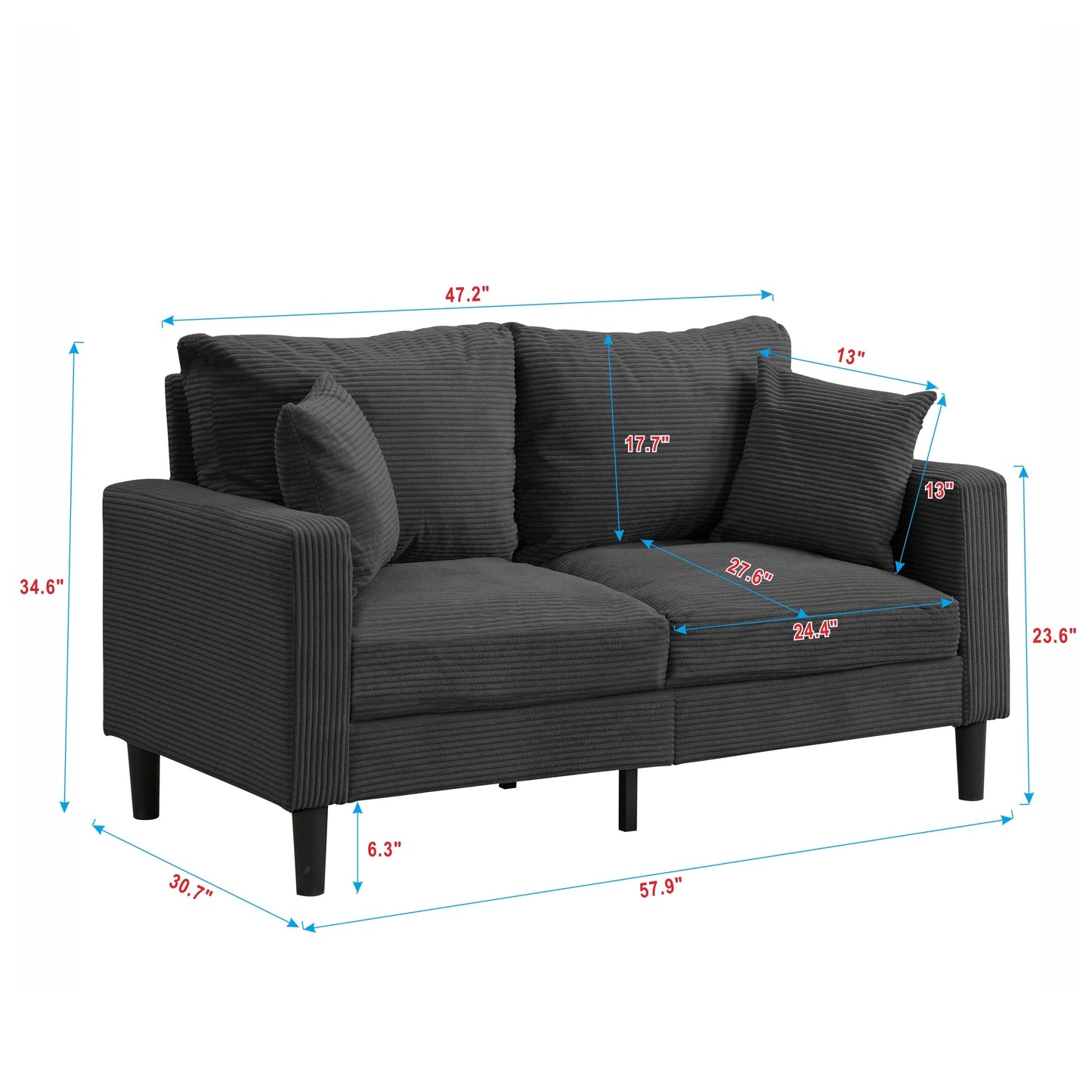 Modern Upholstered Sofa with 2 Pillows and High Density Foam Cushion, Wooden Frame for Home Lounge Area and Office