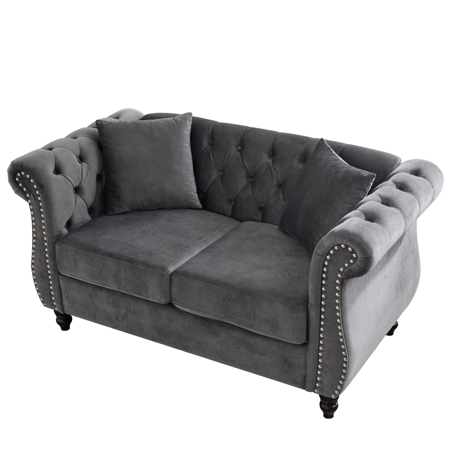 58.8 Velvet Chesterfield 2-Seater Sofa with Rolled Arms, Nailhead Trim, and 2 Pillows
