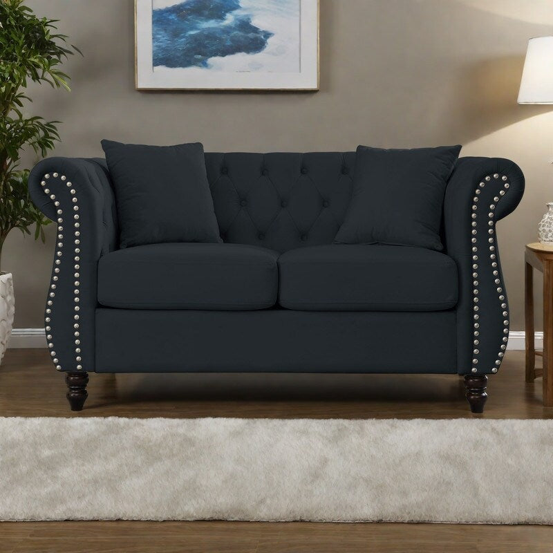 58.8 Velvet Chesterfield 2-Seater Sofa with Rolled Arms, Nailhead Trim, and 2 Pillows