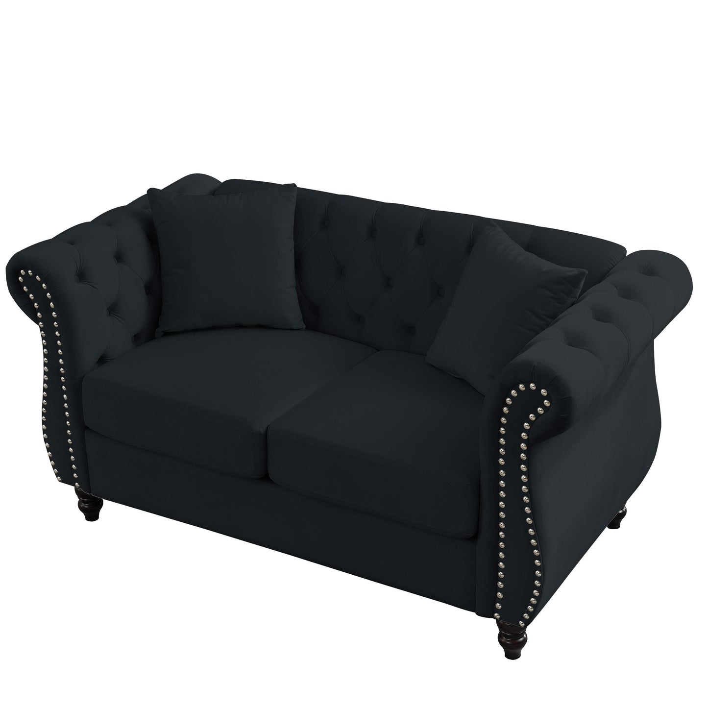 58.8 Velvet Chesterfield 2-Seater Sofa with Rolled Arms, Nailhead Trim, and 2 Pillows