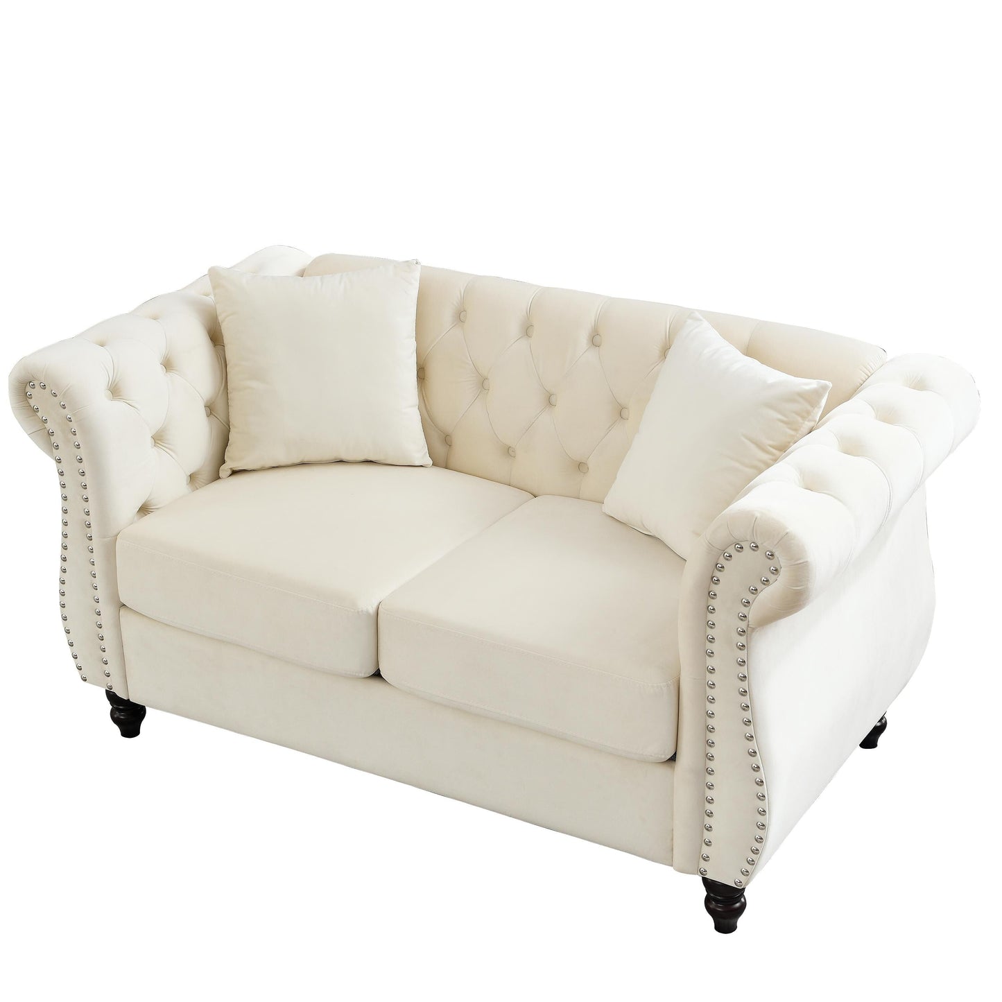58.8 Velvet Chesterfield 2-Seater Sofa with Rolled Arms, Nailhead Trim, and 2 Pillows
