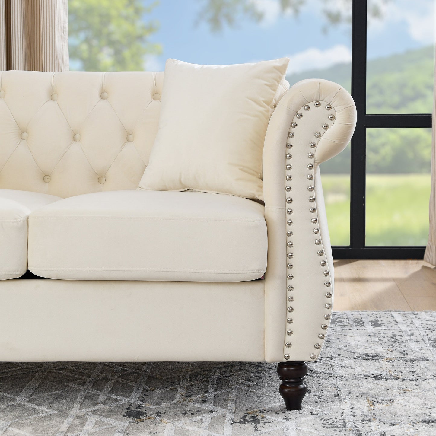 58.8 Velvet Chesterfield 2-Seater Sofa with Rolled Arms, Nailhead Trim, and 2 Pillows