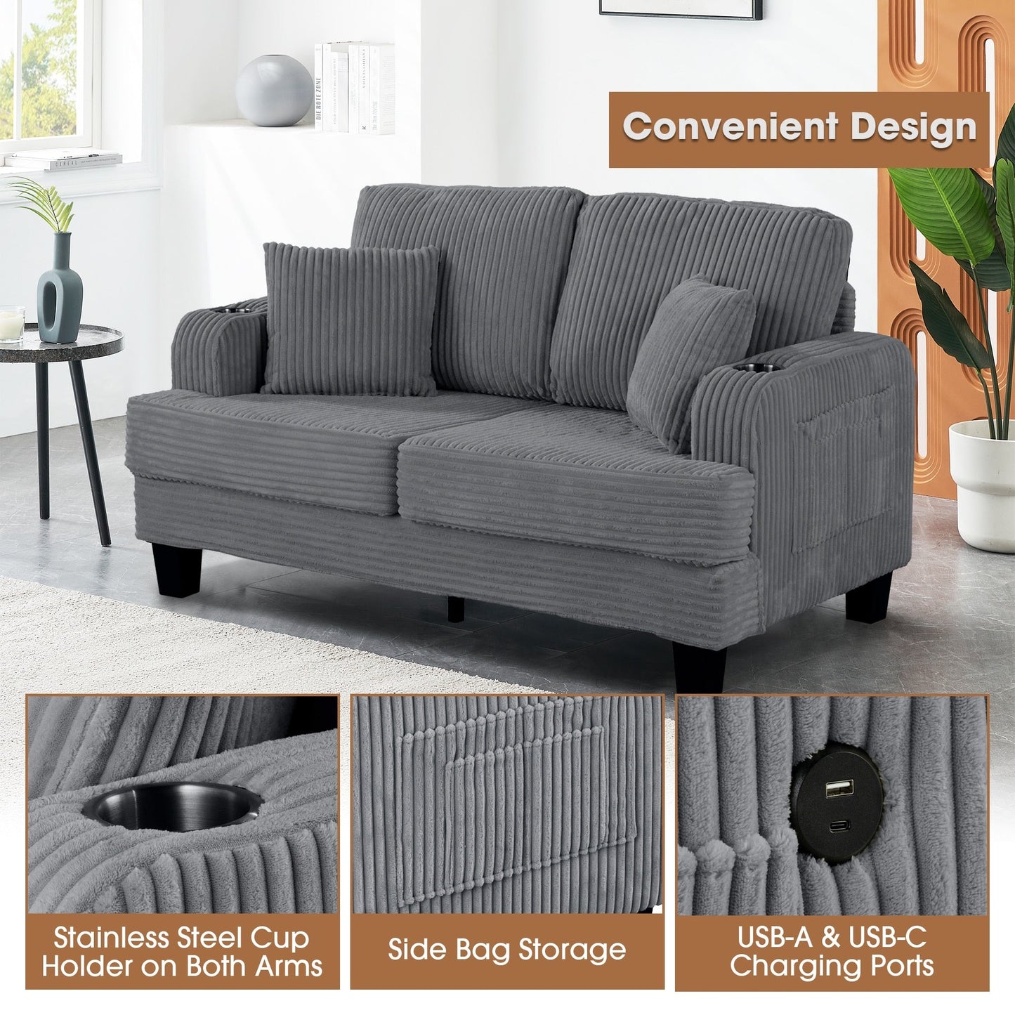 61 Contemporary Corduroy Loveseat Sofa with 2 Pillows and Cup Holder