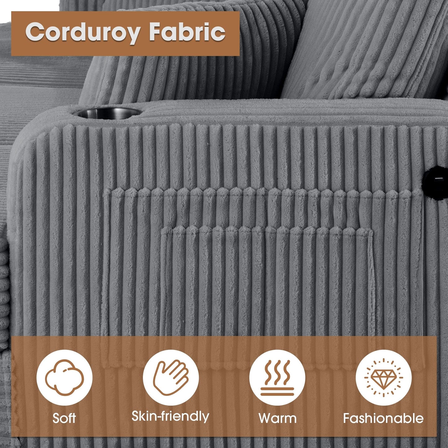 61 Contemporary Corduroy Loveseat Sofa with 2 Pillows and Cup Holder