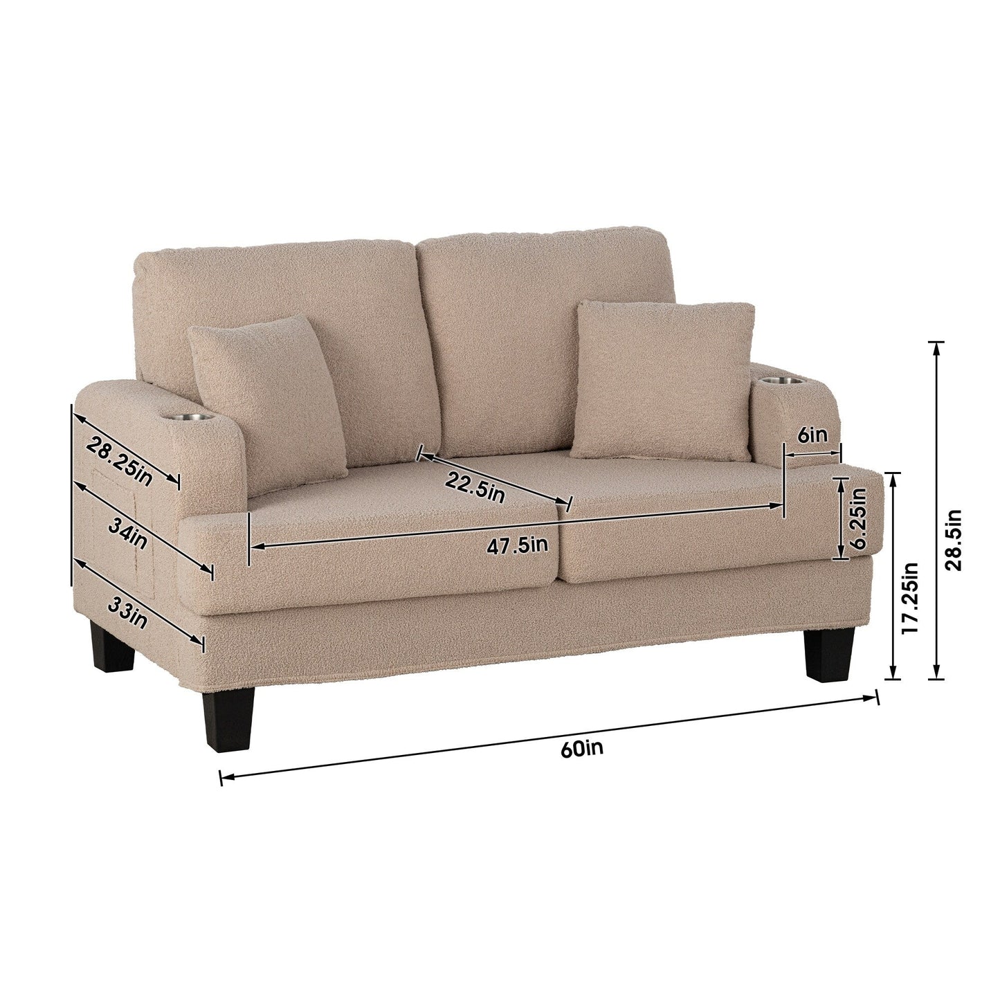 61 Small Beige Loveseat Sofa with 2 Pillows and Cup Holder