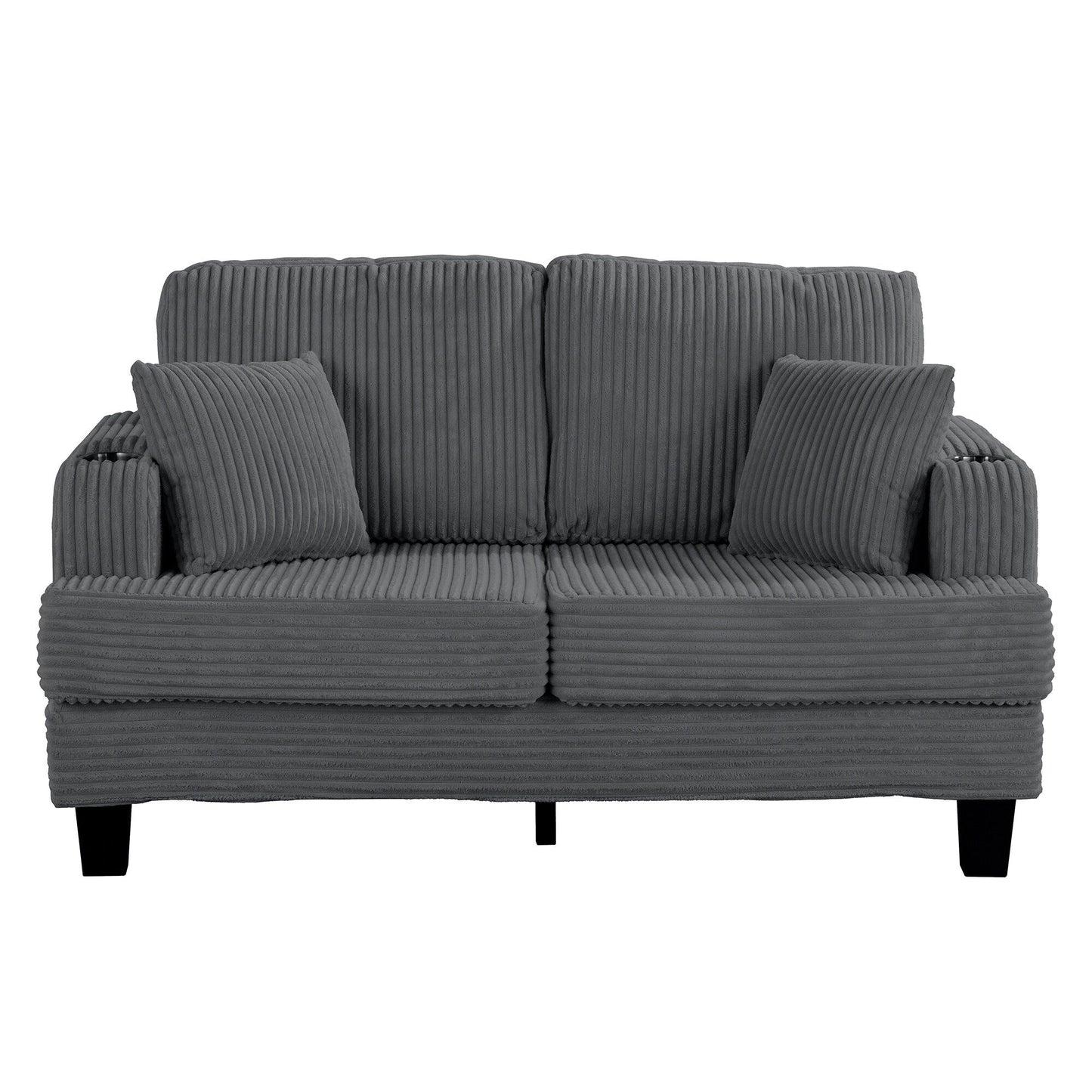 61 Contemporary Corduroy Loveseat Sofa with 2 Pillows and Cup Holder