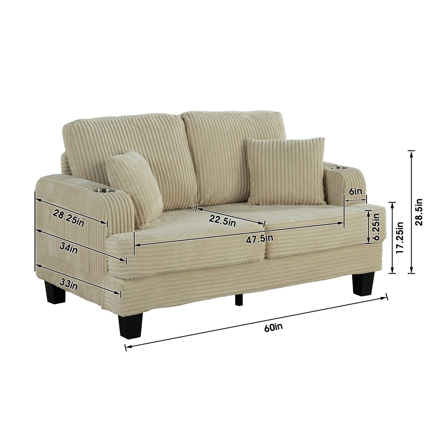 61 Contemporary Corduroy Loveseat Sofa with 2 Pillows and Cup Holder