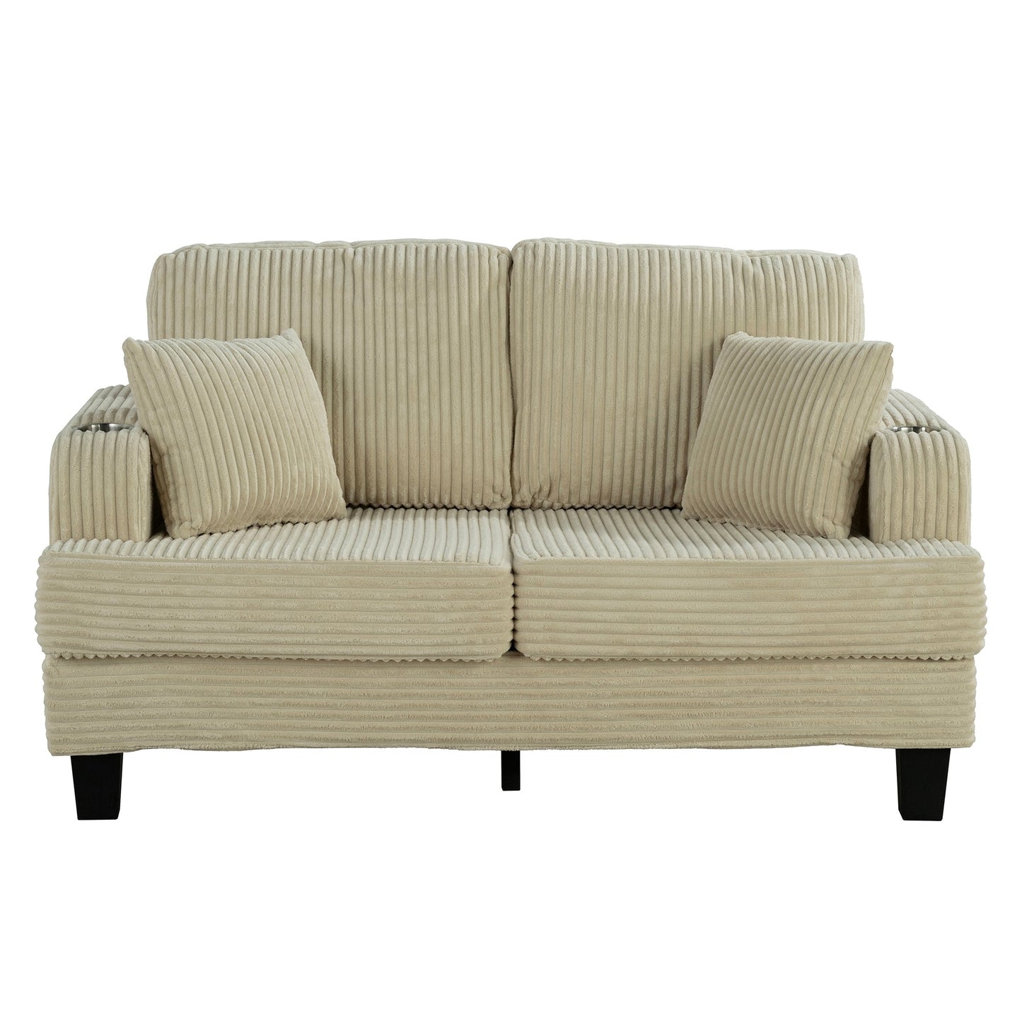 61 Contemporary Corduroy Loveseat Sofa with 2 Pillows and Cup Holder