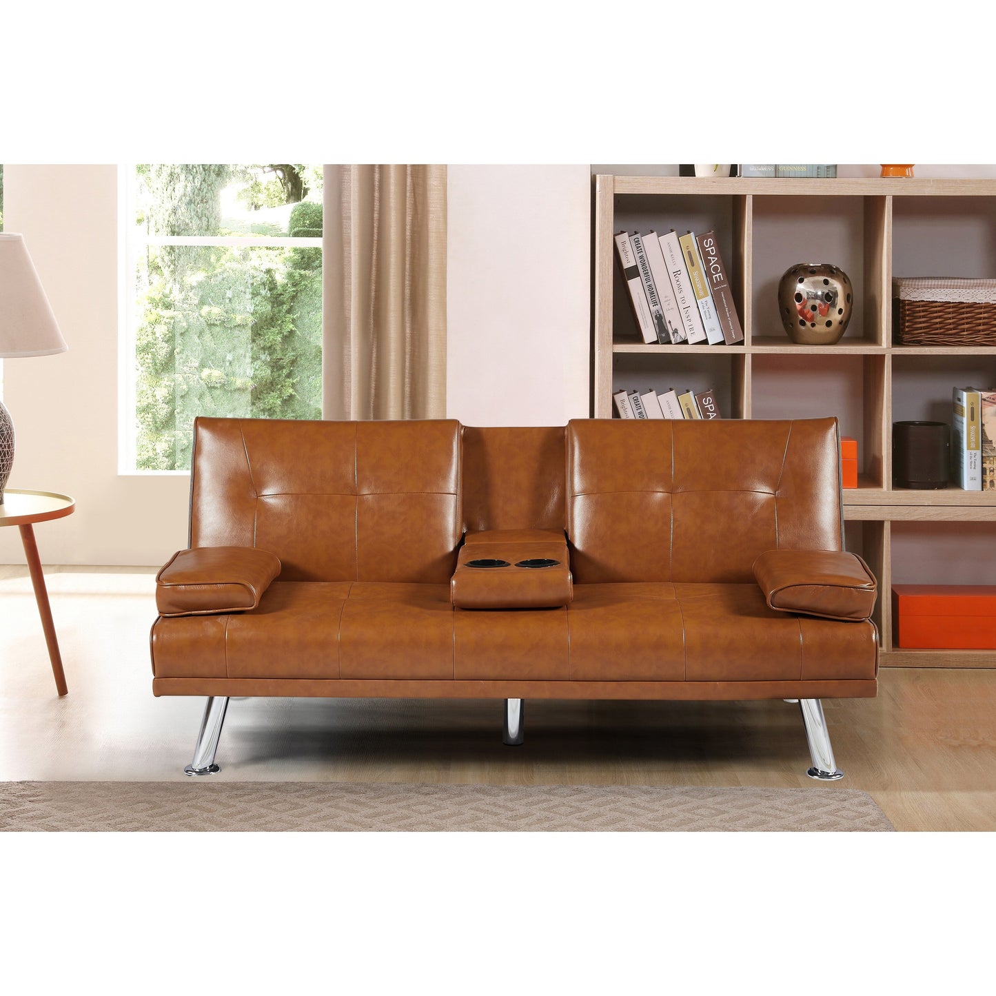 66 Folding Loveseat Sofa Bed with Silver Metal Legs and Cup Holder for Living Room