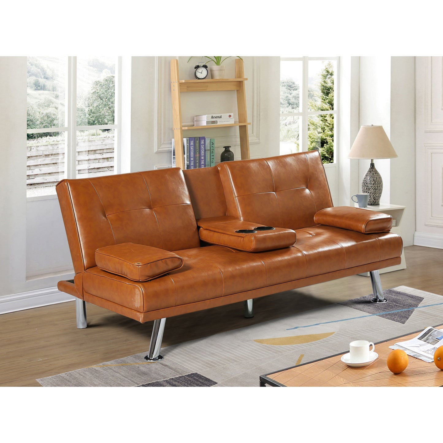 66 Folding Loveseat Sofa Bed with Silver Metal Legs and Cup Holder for Living Room