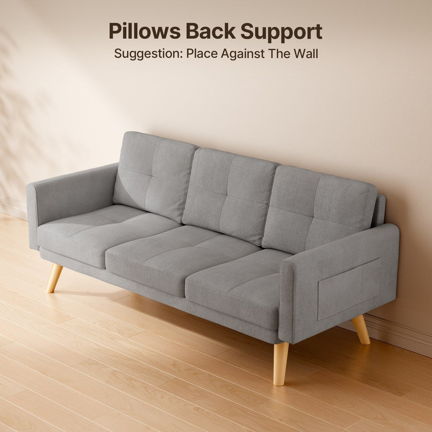 67” Sofa Couch with Soft Armrest Small Sofa Seat with 3 Comfy Pillows,3-Seater Couch for Livingroom