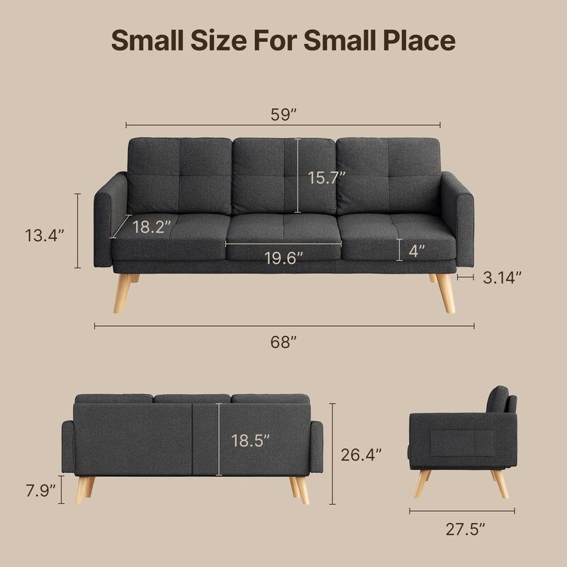 67” Sofa Couch with Soft Armrest Small Sofa Seat with 3 Comfy Pillows,3-Seater Couch for Livingroom