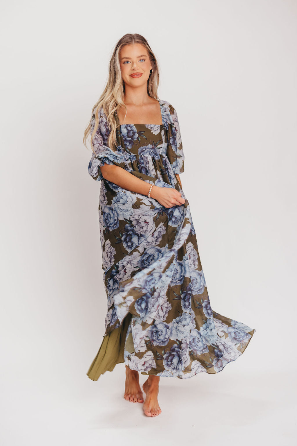 Mona Maxi Dress in Olive/Blue Floral - Bump Friendly *9/30 PRE-ORDER*