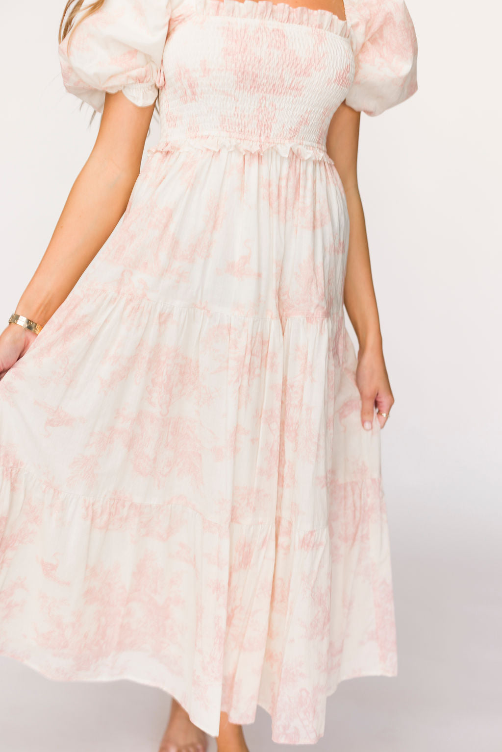 Elena 100% Cotton Toile Print Smocked Midi Dress in Pink - Bump Friendly (Restocking in Oct)