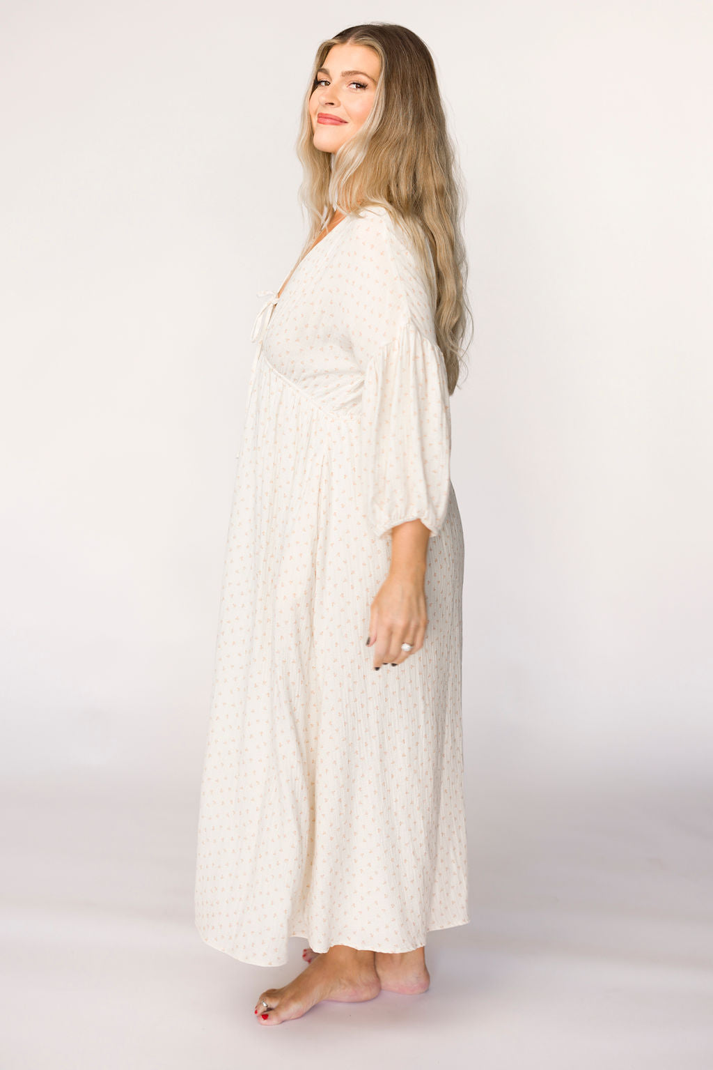 Hunter 100% Cotton Gauze Midi Dress in Natural/Brown Floral Bump Friendly (Fully Lined)