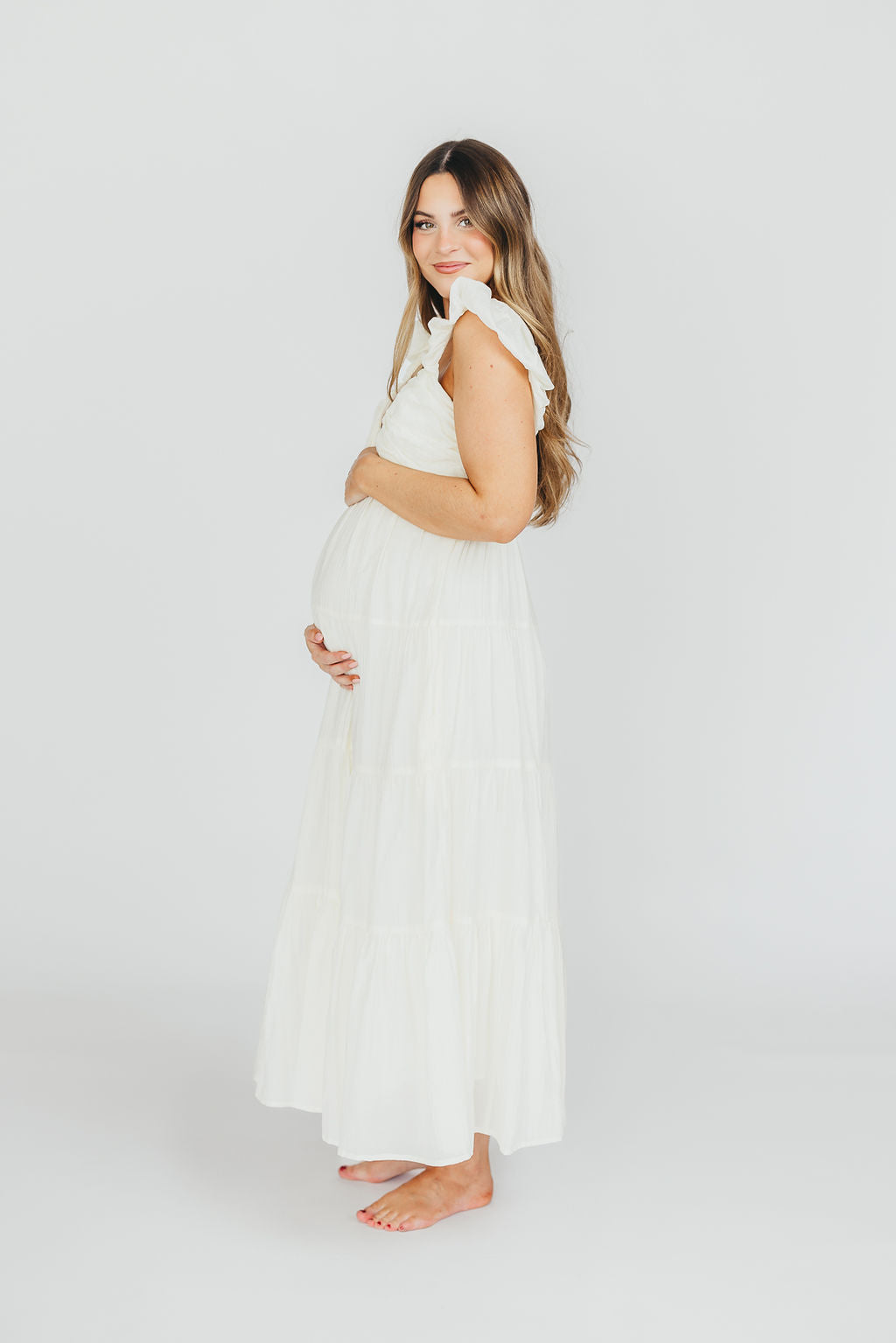 Katy Pleated Bodice Maxi Dress in Cream - Bump Friendly - Restocking End of Sept