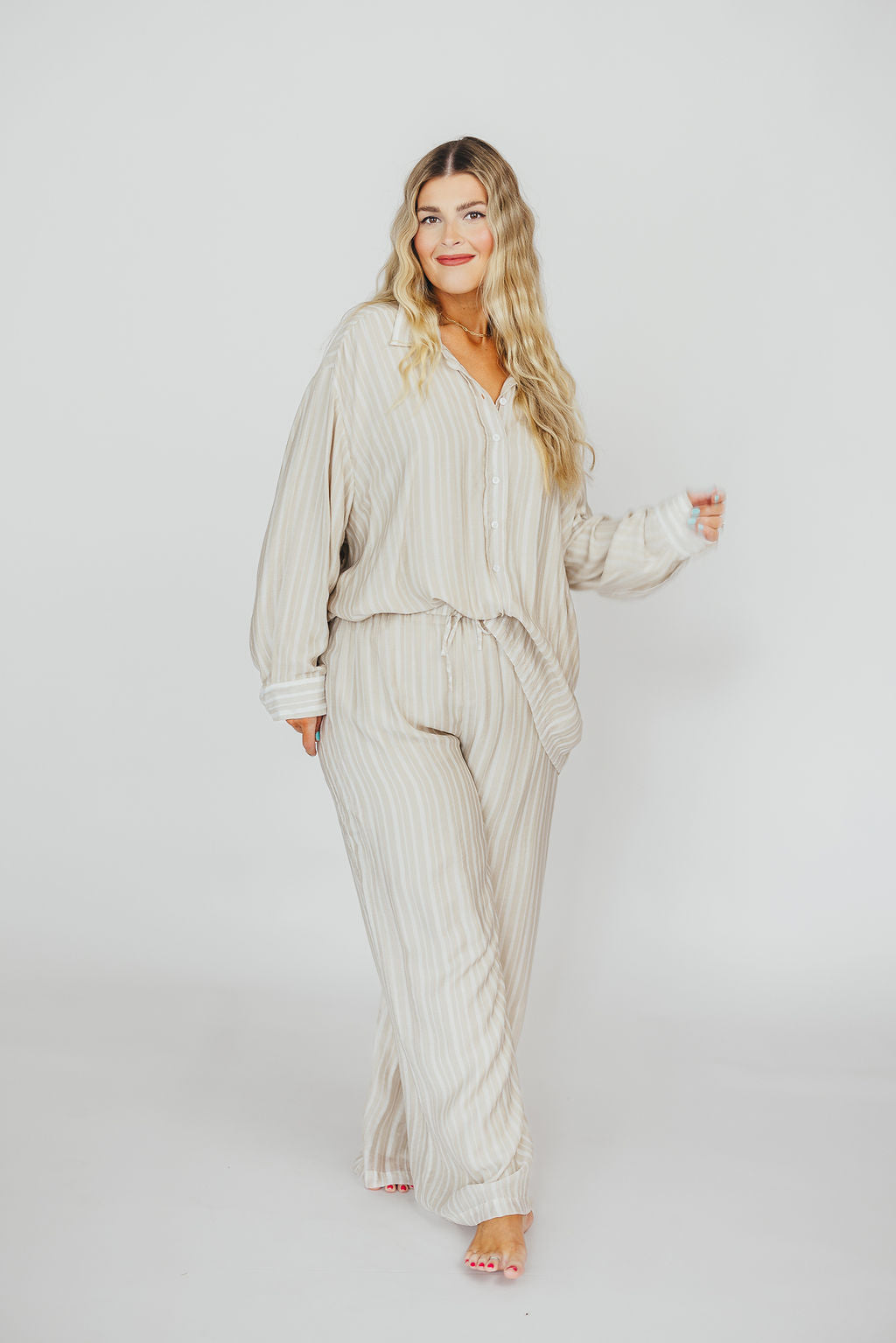 Sloane Striped Button-Down Shirt and Pants Set in Natural - Nursing Friendly