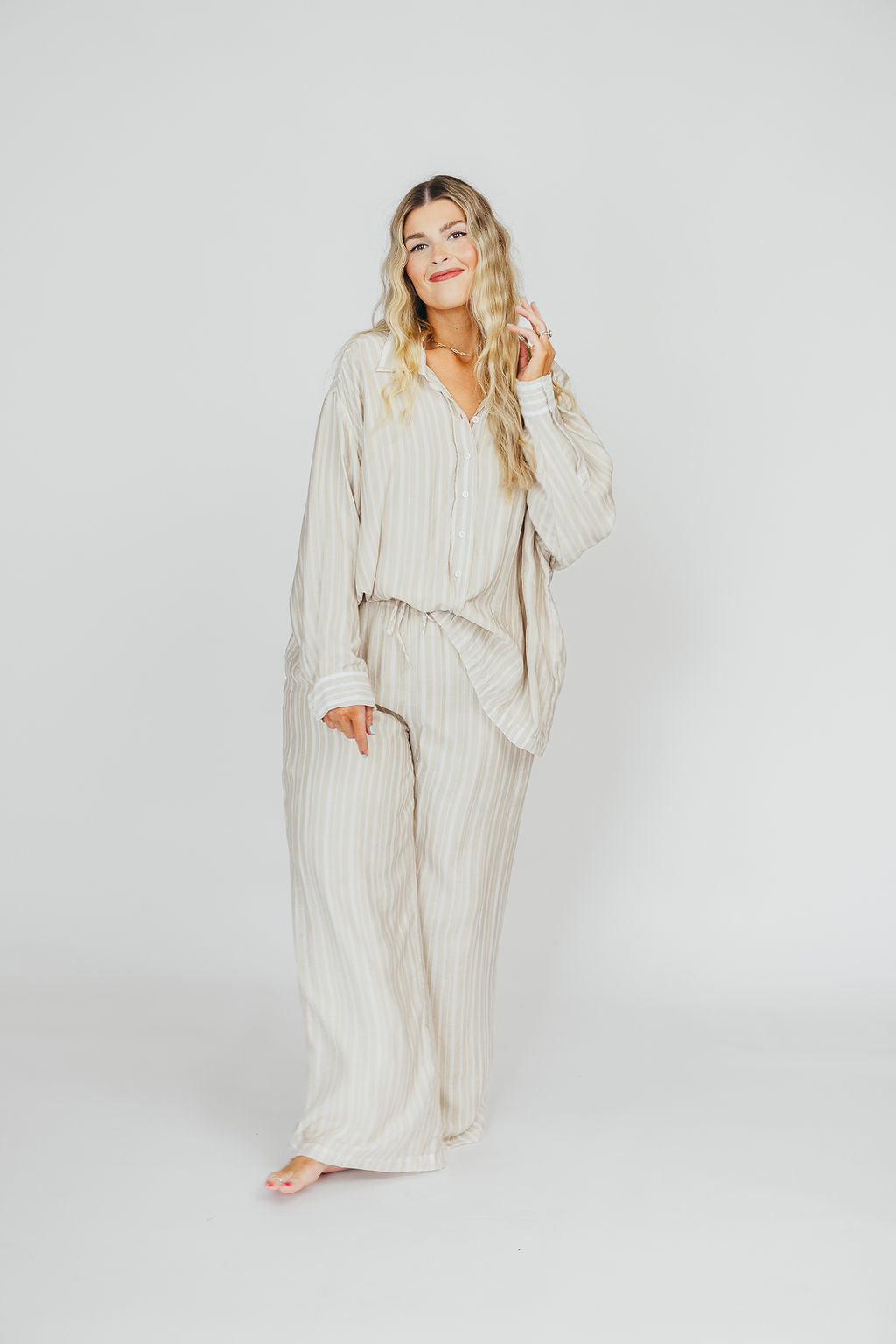 Sloane Striped Button-Down Shirt and Pants Set in Natural - Nursing Friendly