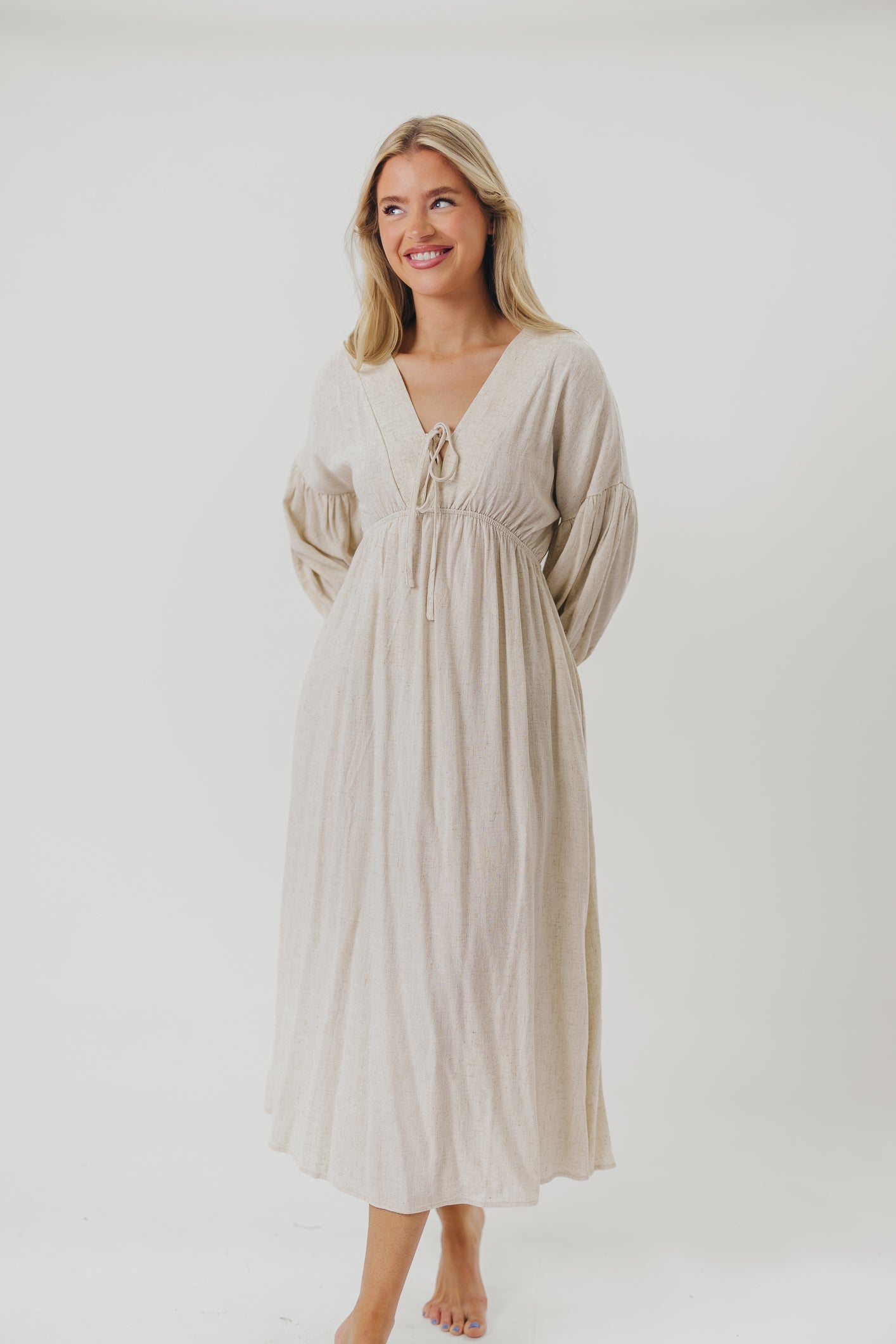 Hunter Linen-Blend Midi Dress in Greige - Bump Friendly *9/22 PRE-ORDER*