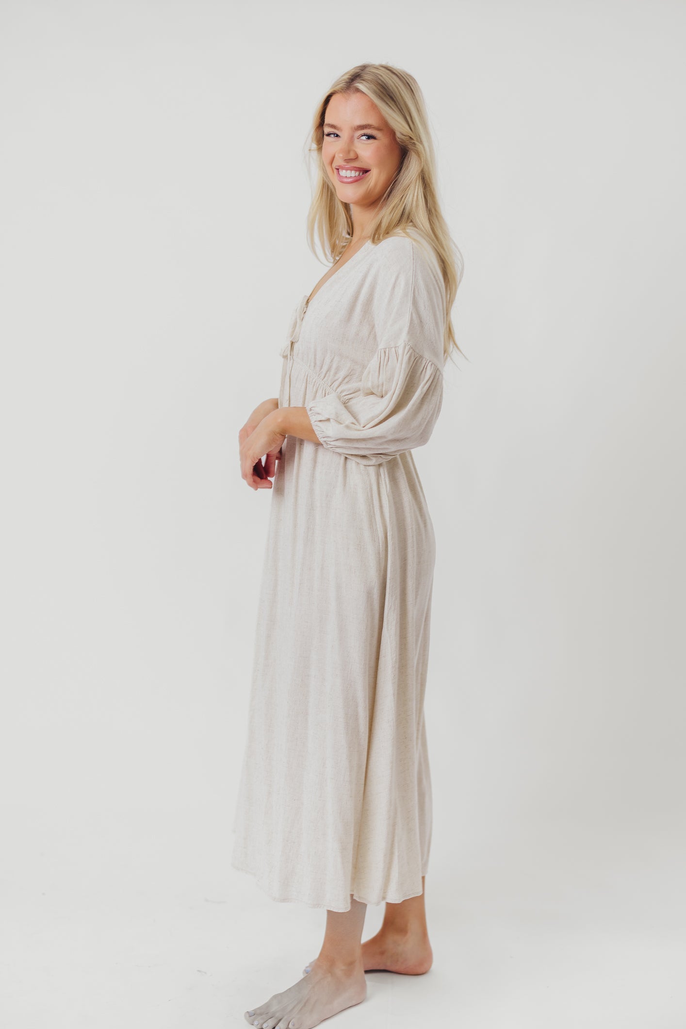 Hunter Linen-Blend Midi Dress in Greige - Bump Friendly *9/22 PRE-ORDER*