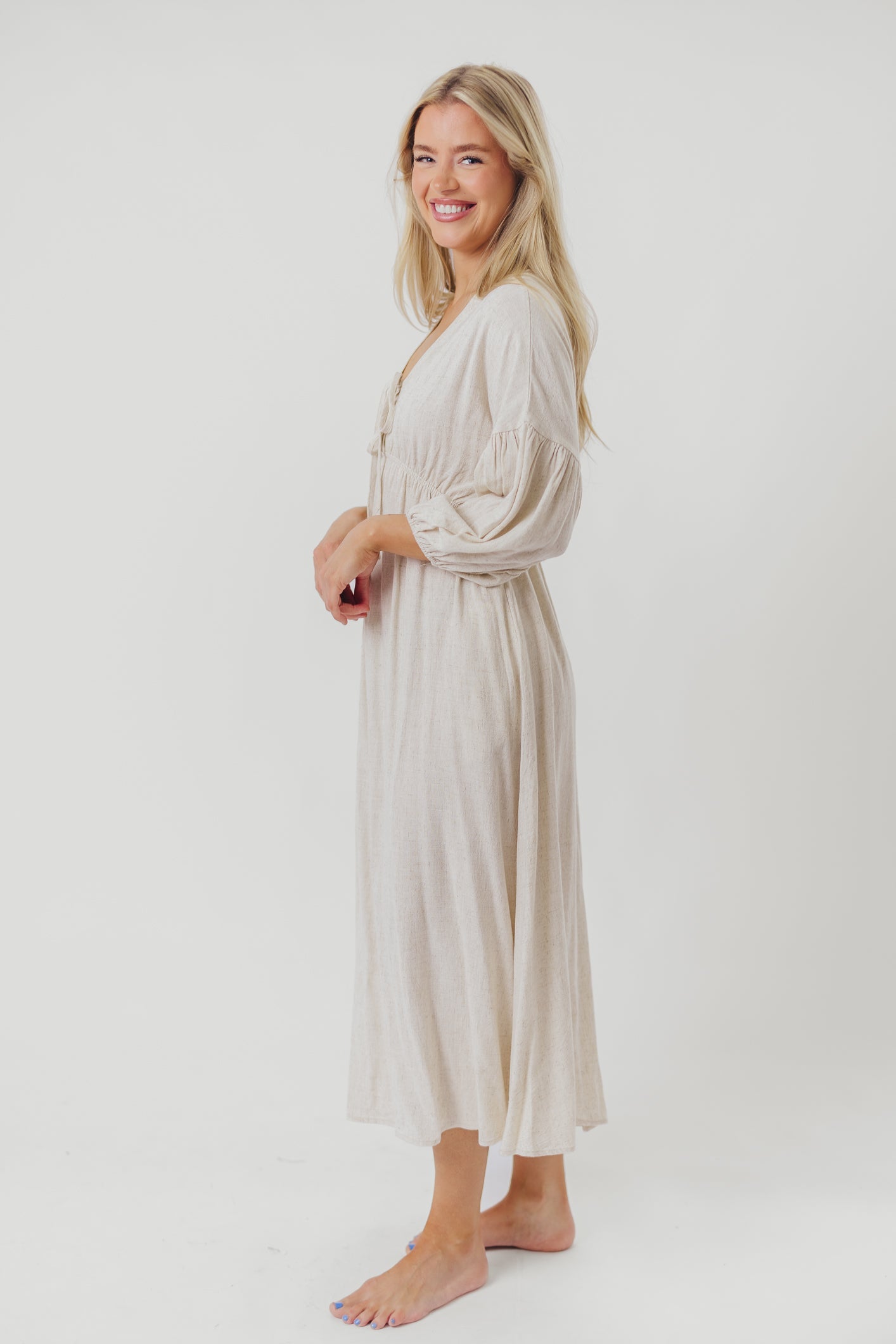 Hunter Linen-Blend Midi Dress in Greige - Bump Friendly *9/22 PRE-ORDER*