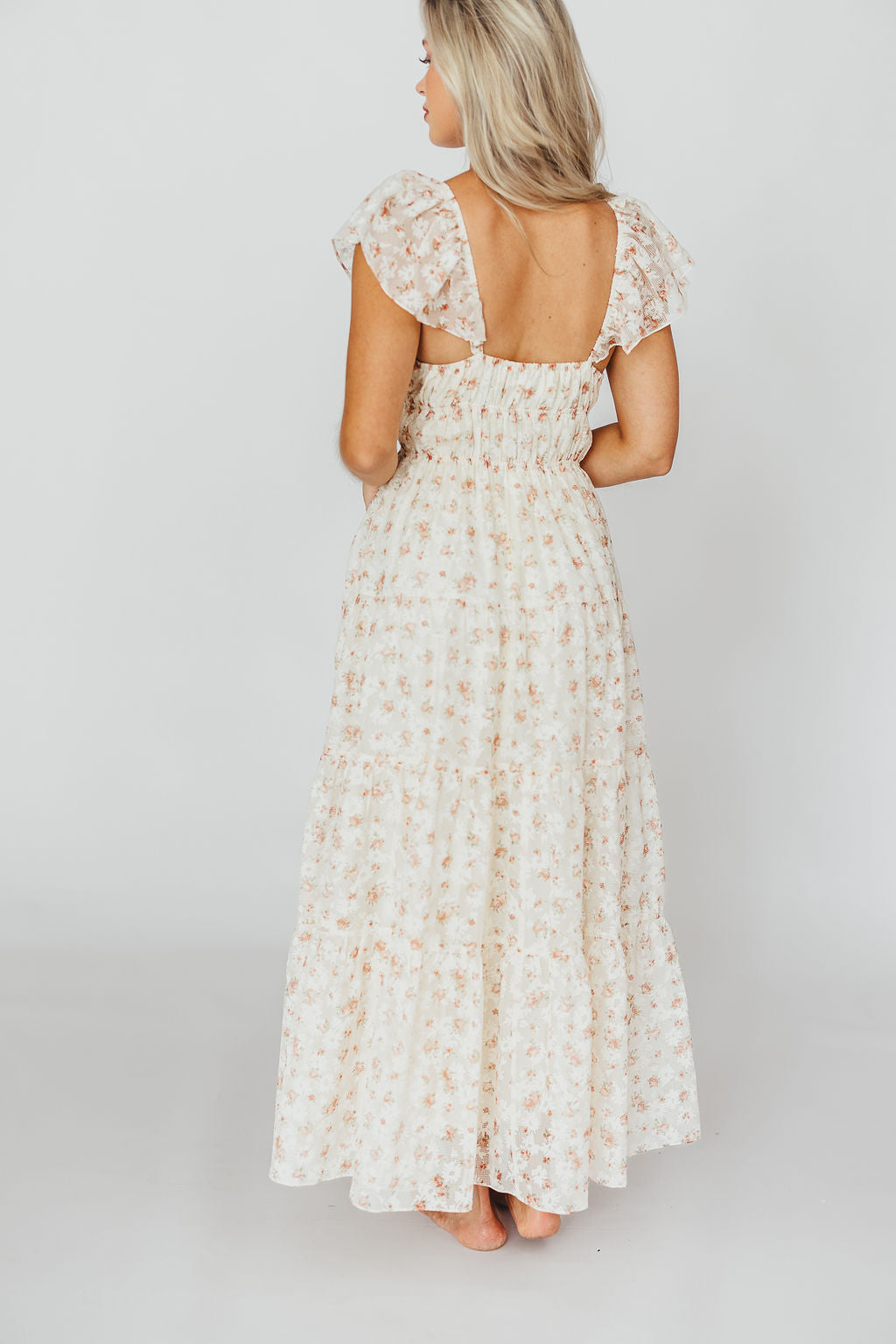 Charming Floral & Gingham Ruffled Maxi Dress in Cream/Peach Floral