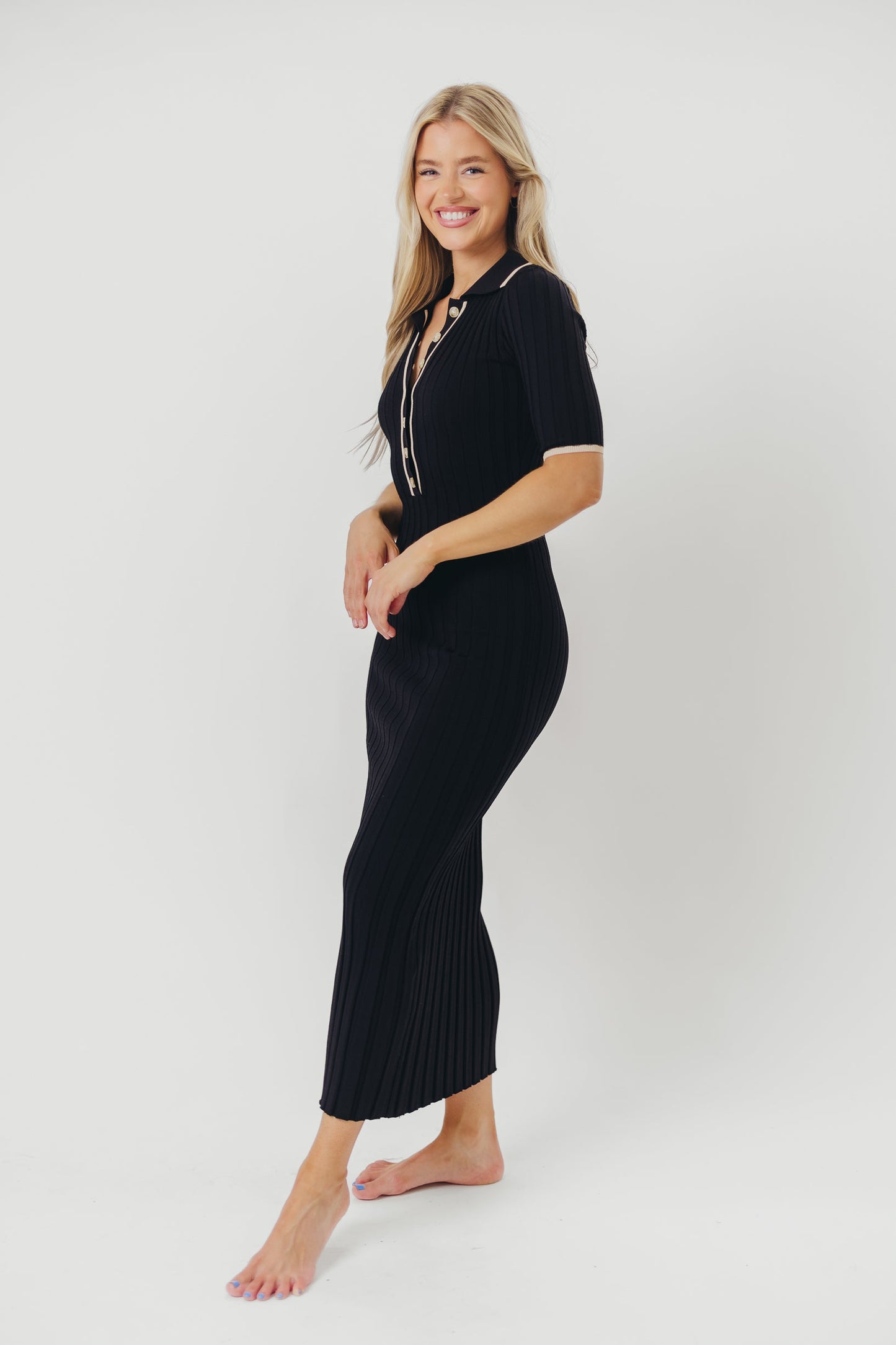 Addie Ribbed Button-Down Maxi Dress in Black - Nursing and Bump Friendly