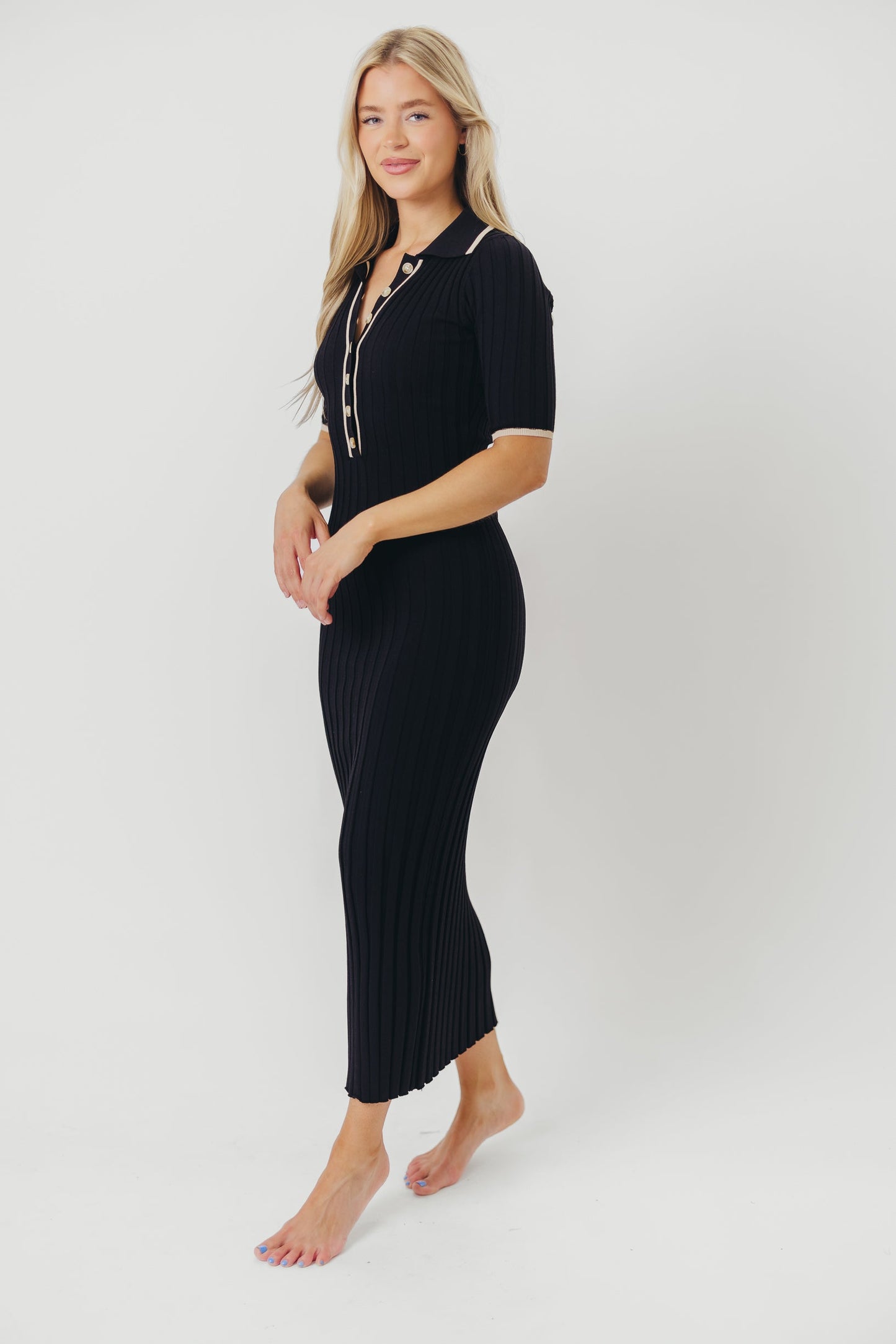 Addie Ribbed Button-Down Maxi Dress in Black - Nursing and Bump Friendly
