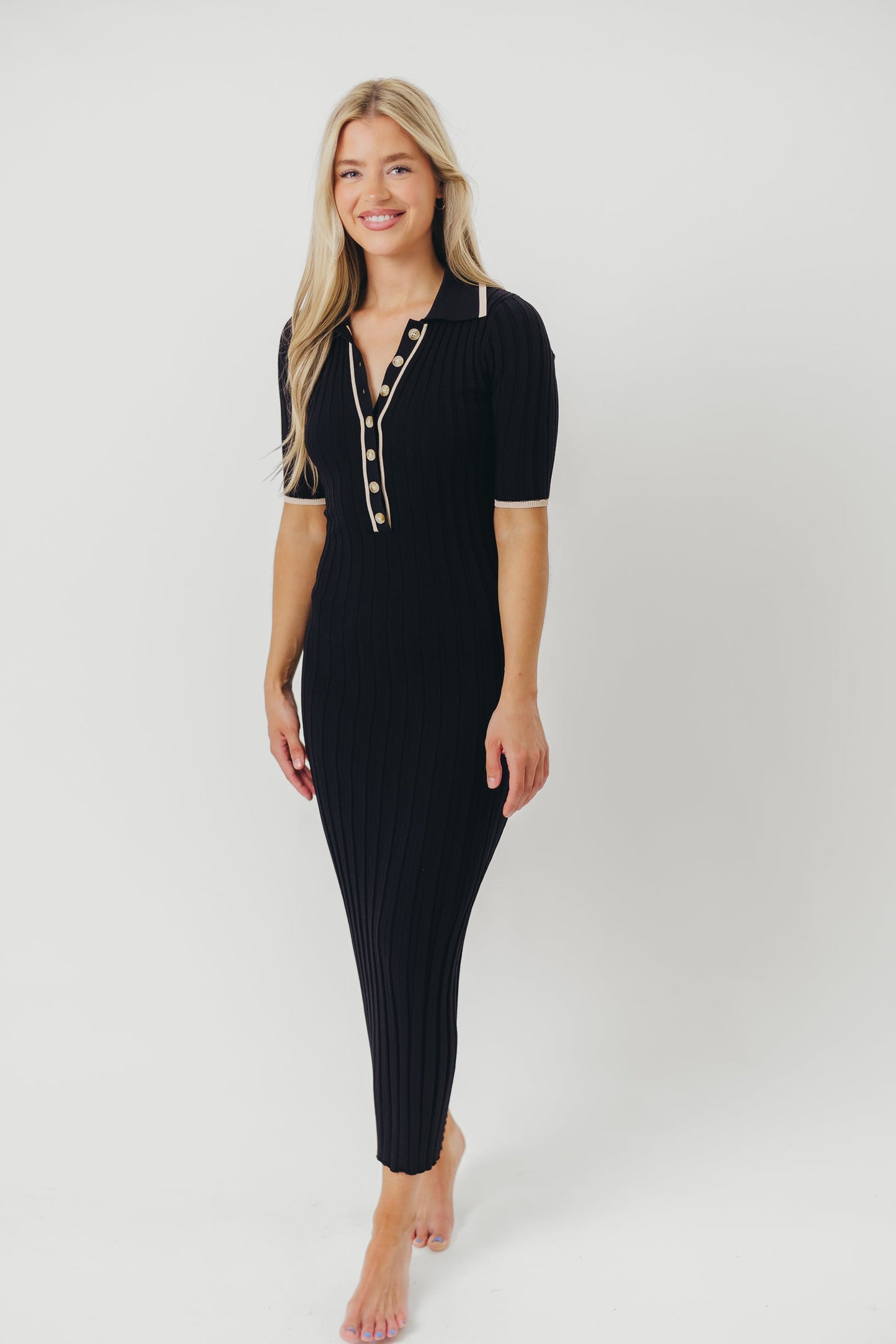 Addie Ribbed Button-Down Maxi Dress in Black - Nursing and Bump Friendly