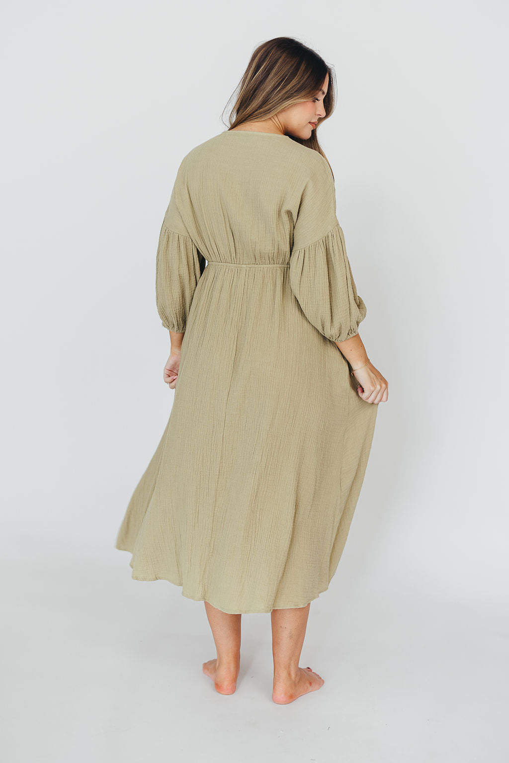 Hunter 100% Cotton Gauze Midi Dress in Thyme - Bump Friendly and Inclusive Sizing *9/22 PRE-ORDER*