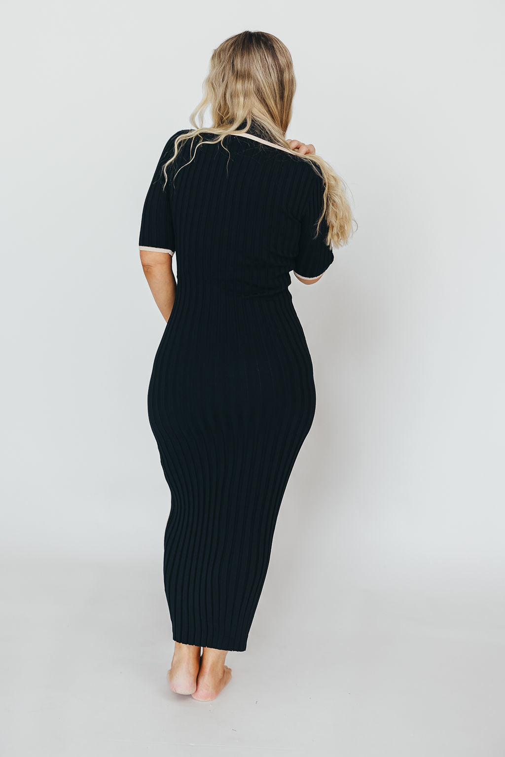 Addie Ribbed Button-Down Maxi Dress in Black - Nursing and Bump Friendly