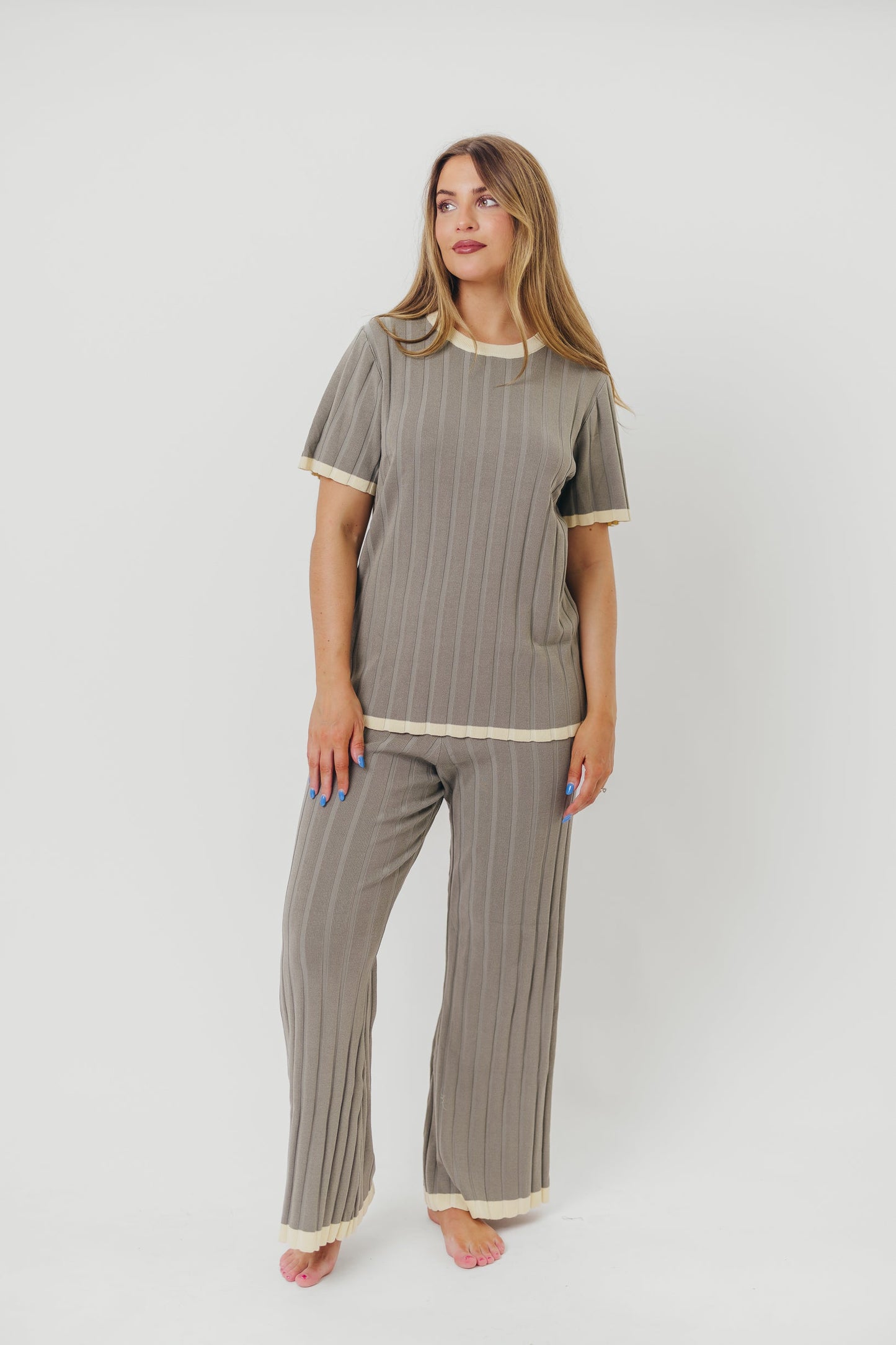 Adele Ribbed Knit Top and Pants Set in Dusty Olive