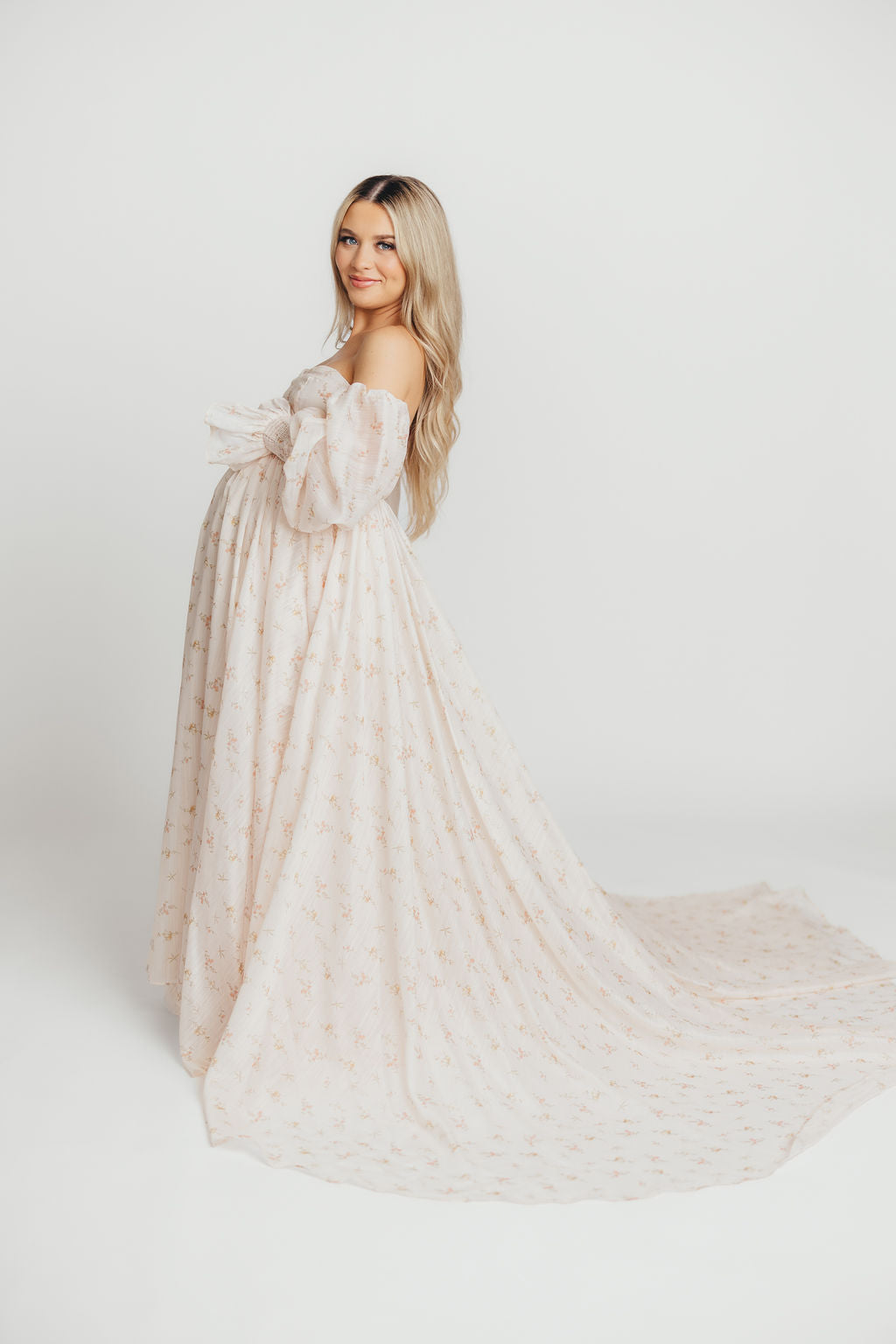 Delilah Maxi Dress with Train in Peach - Bump Friendly (XS-3XL)